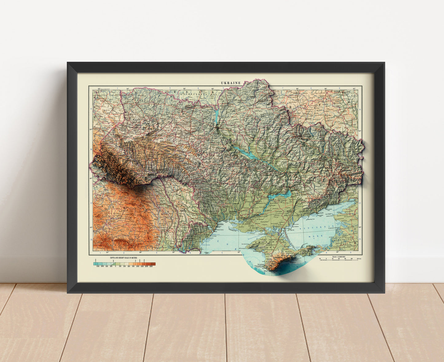 Vintage Ukraine shaded relief map in black frame. Artistic print with realistic terrain effect for wall decor