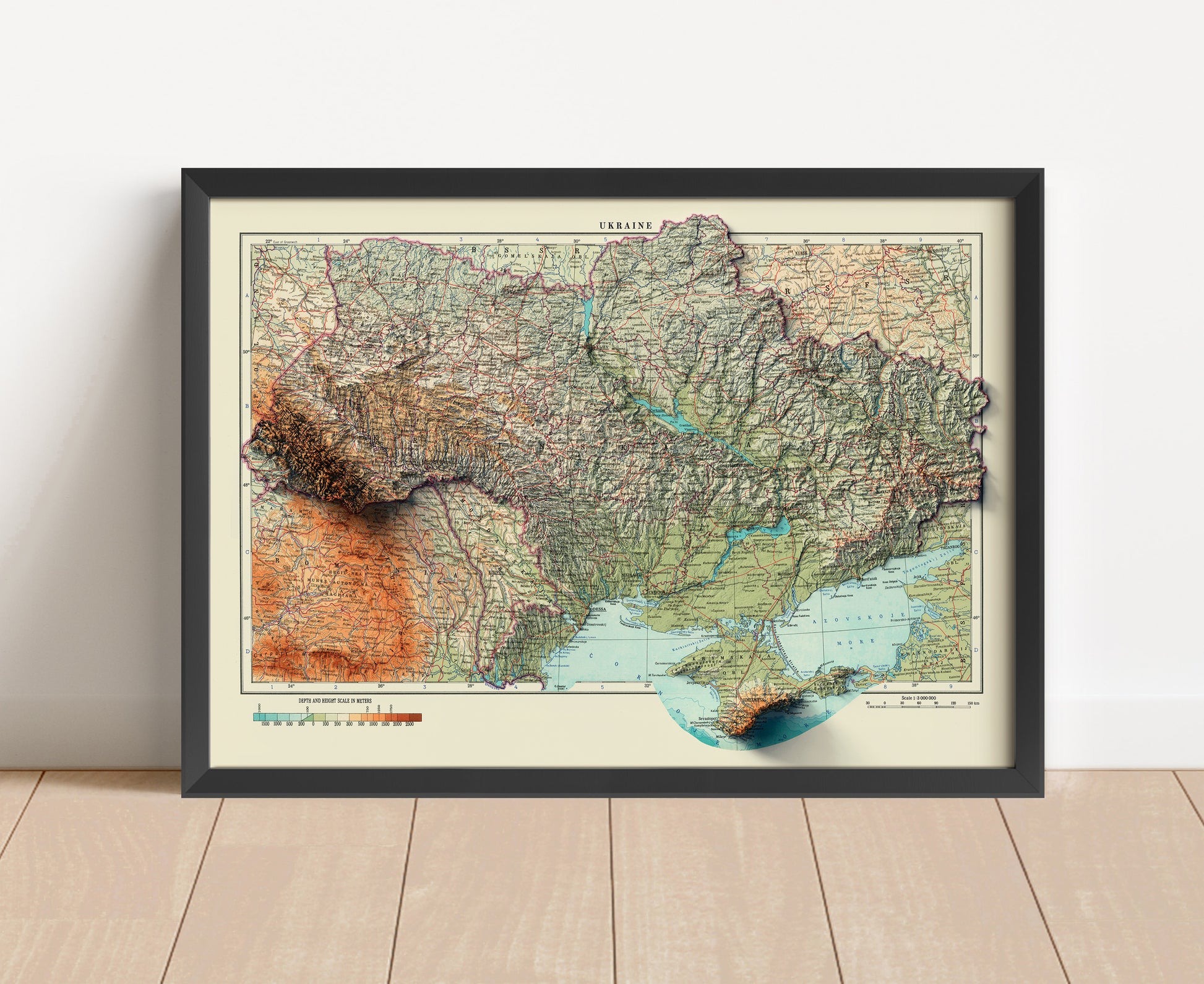 Vintage Ukraine shaded relief map in black frame. Artistic print with realistic terrain effect for wall decor