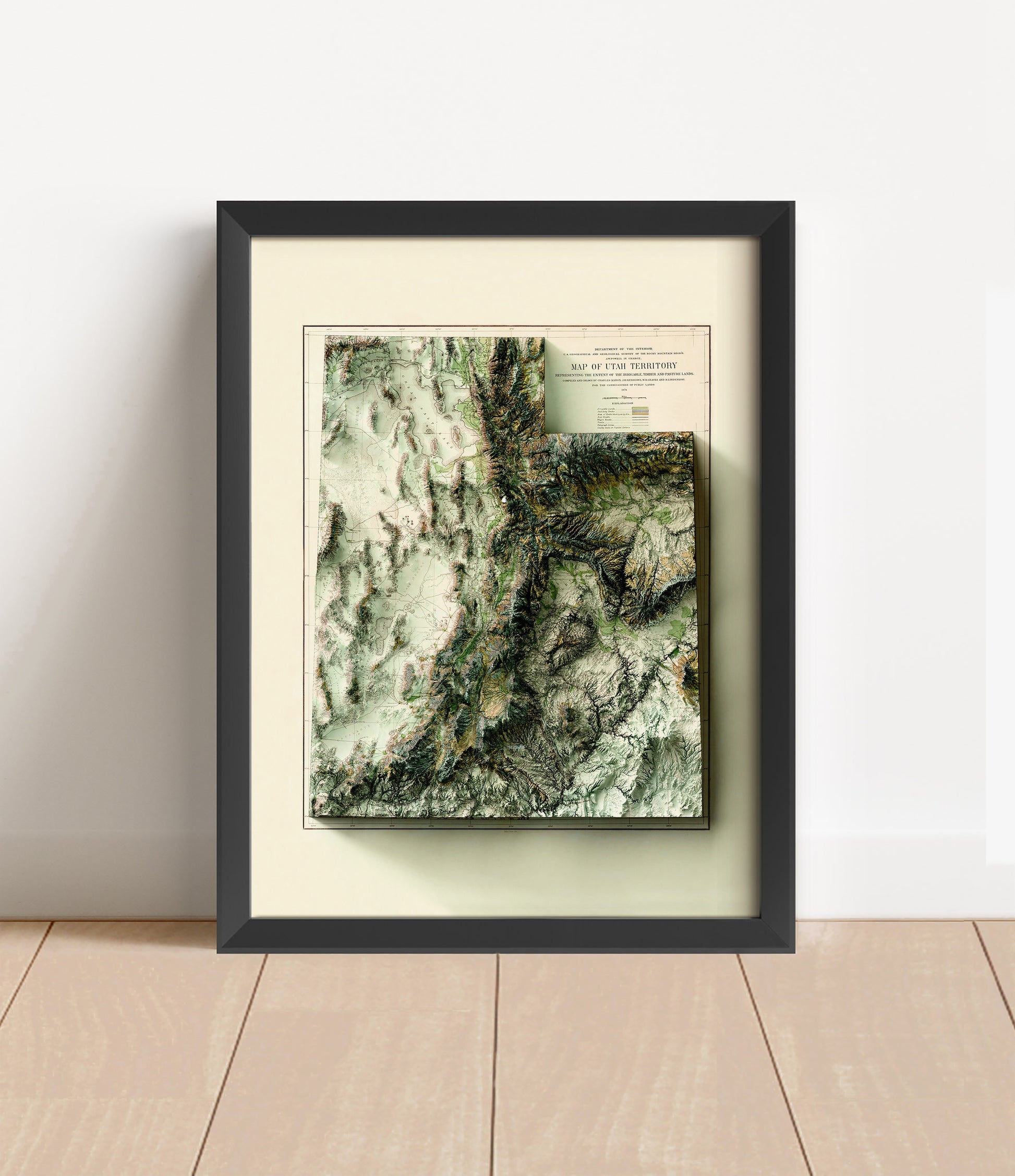 Vintage Utah shaded relief map in black frame. Artistic print with realistic terrain effect for wall decor