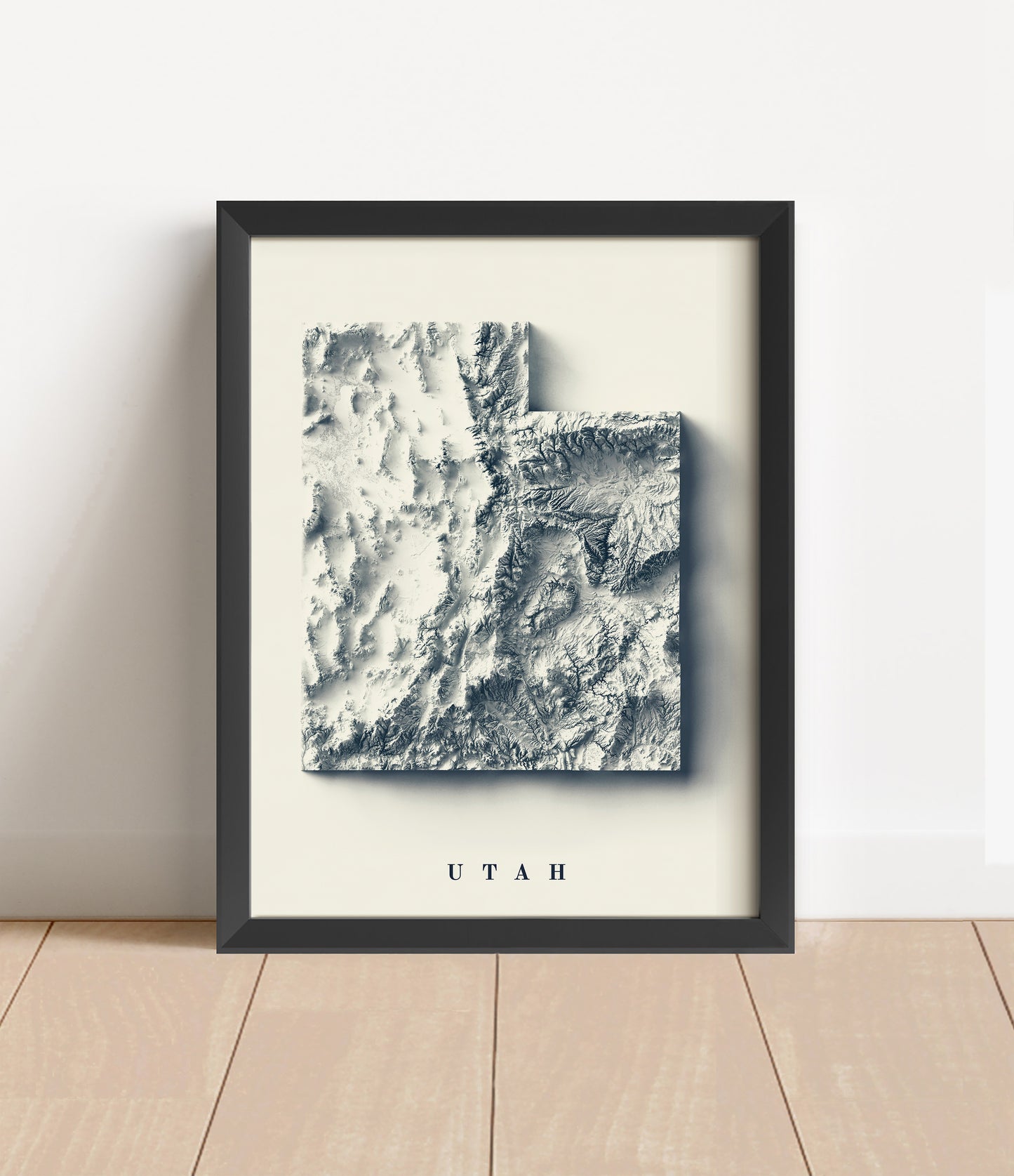 Utah shaded relief map in black frame. Artistic print with realistic terrain effect for wall decor