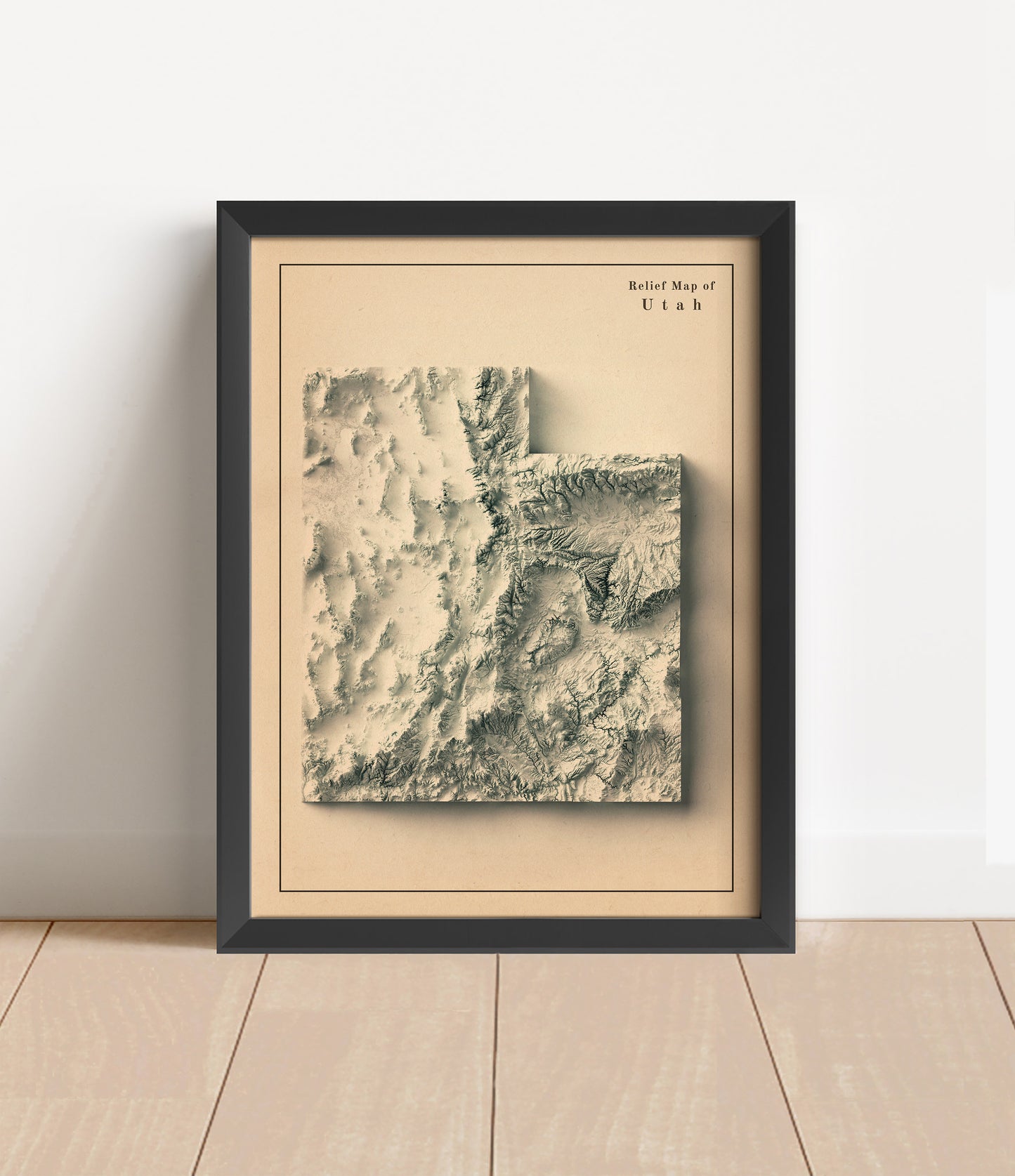 Vintage Utah shaded relief map in black frame. Artistic print with realistic terrain effect for wall decor