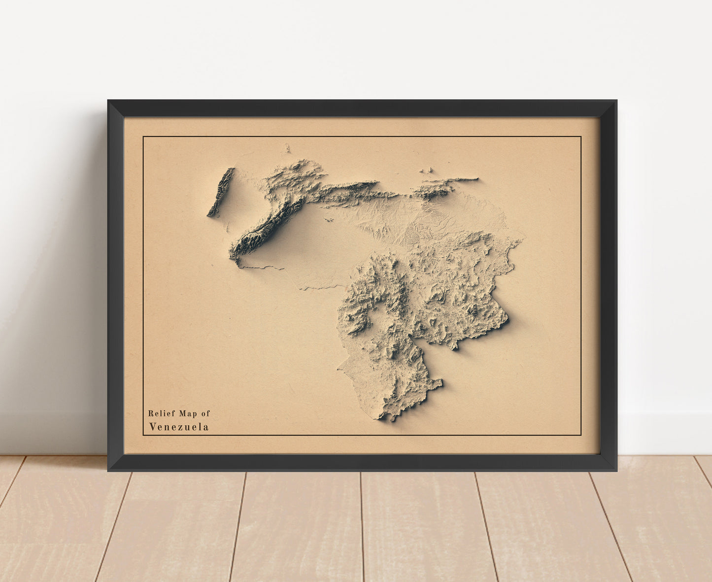 Vintage Venezuela shaded relief map in black frame. Artistic print with realistic terrain effect for wall decor