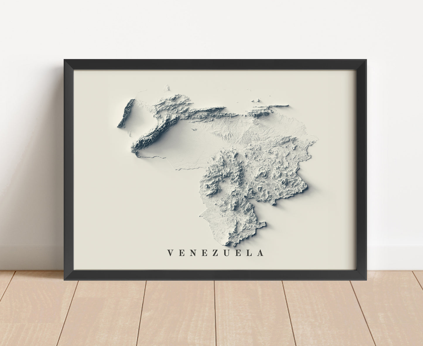 Venezuela shaded relief map in black frame. Artistic print with realistic terrain effect for wall decor