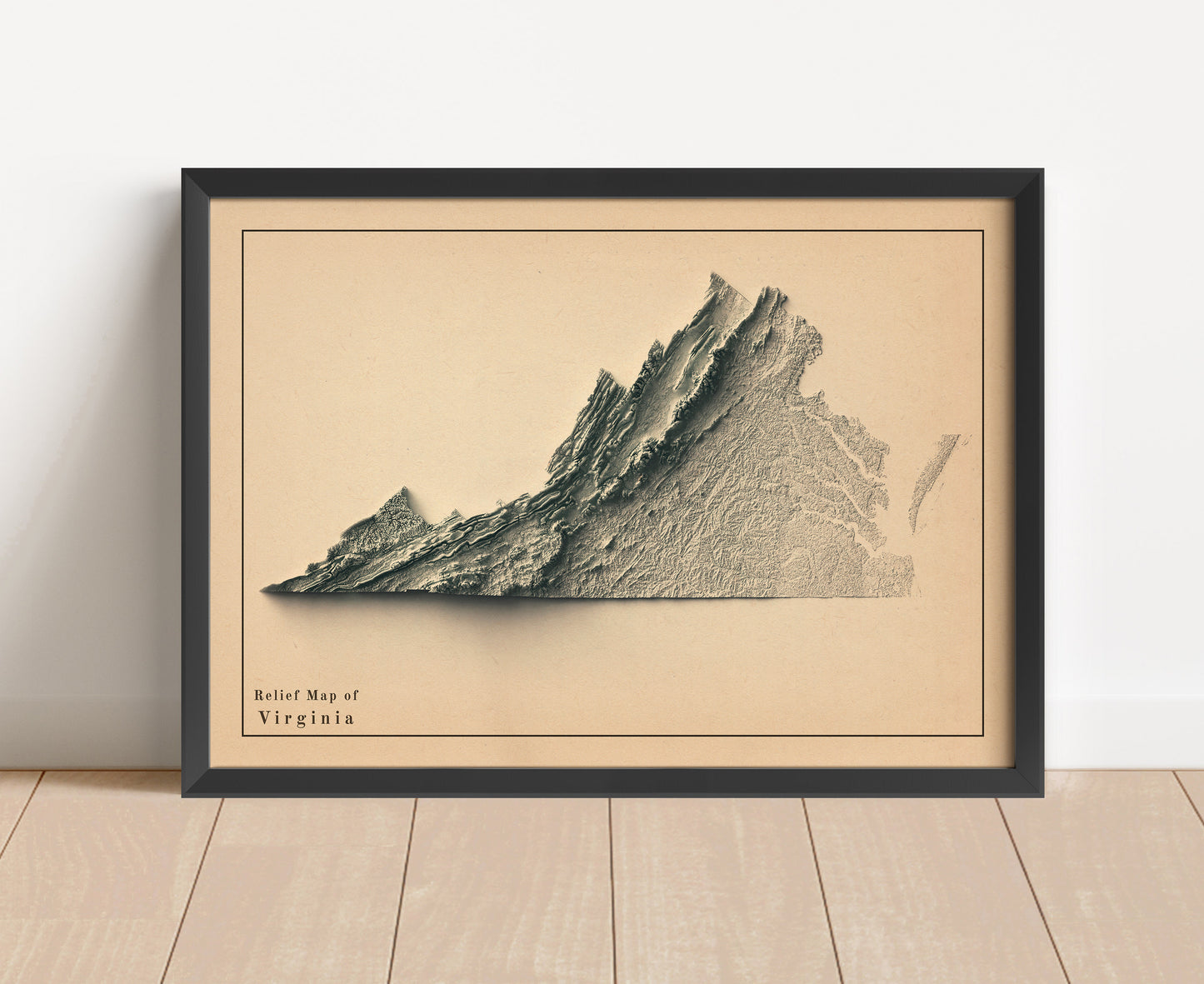 Vintage Virginia shaded relief map in black frame. Artistic print with realistic terrain effect for wall decor