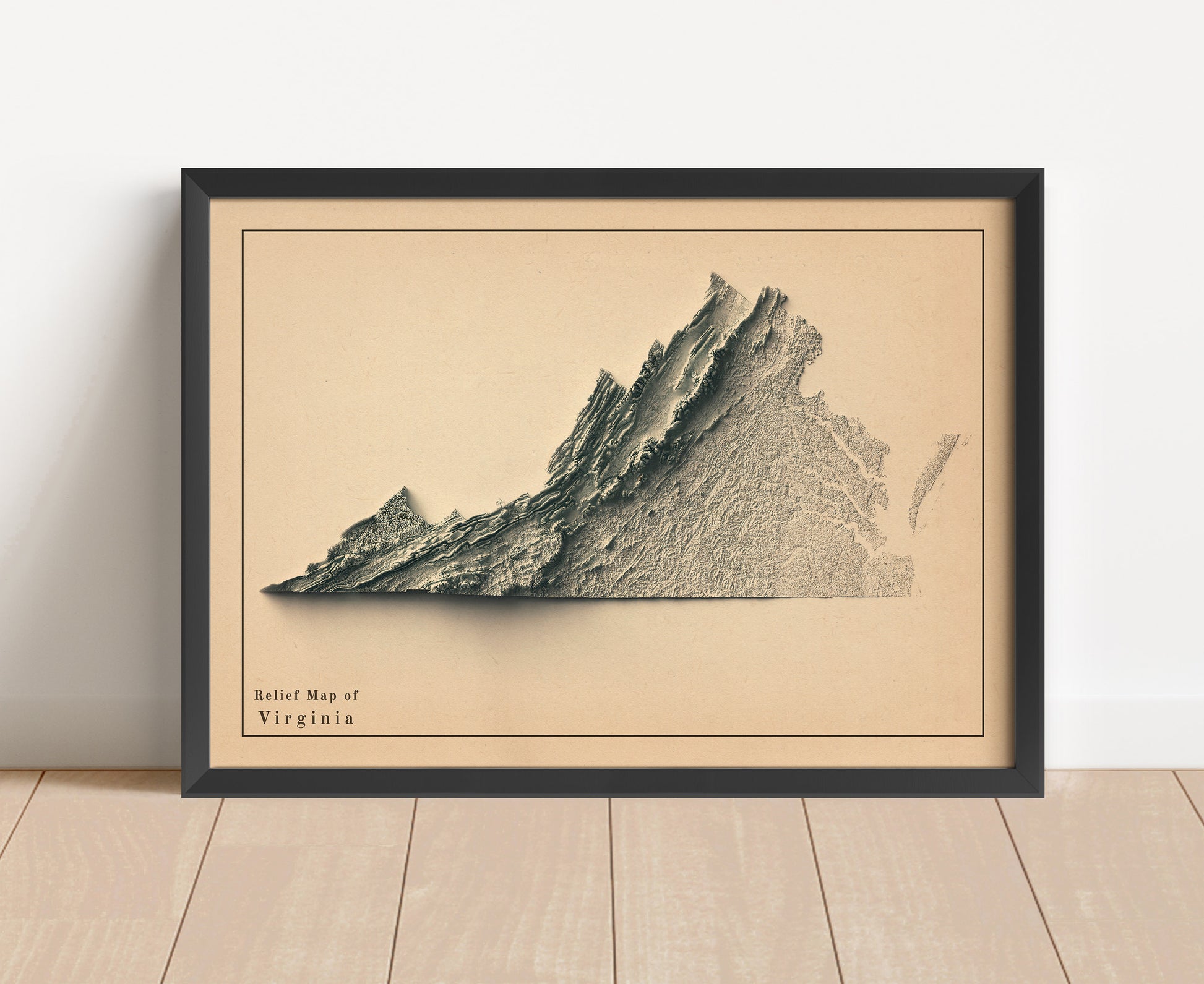 Vintage Virginia shaded relief map in black frame. Artistic print with realistic terrain effect for wall decor