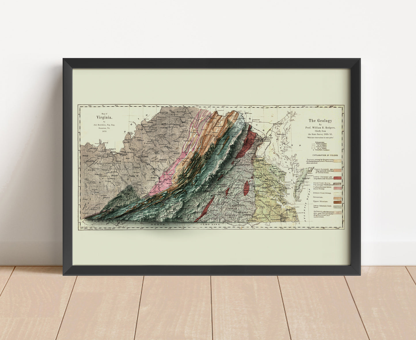 Vintage Virginia shaded relief map in black frame. Artistic print with realistic terrain effect for wall decor