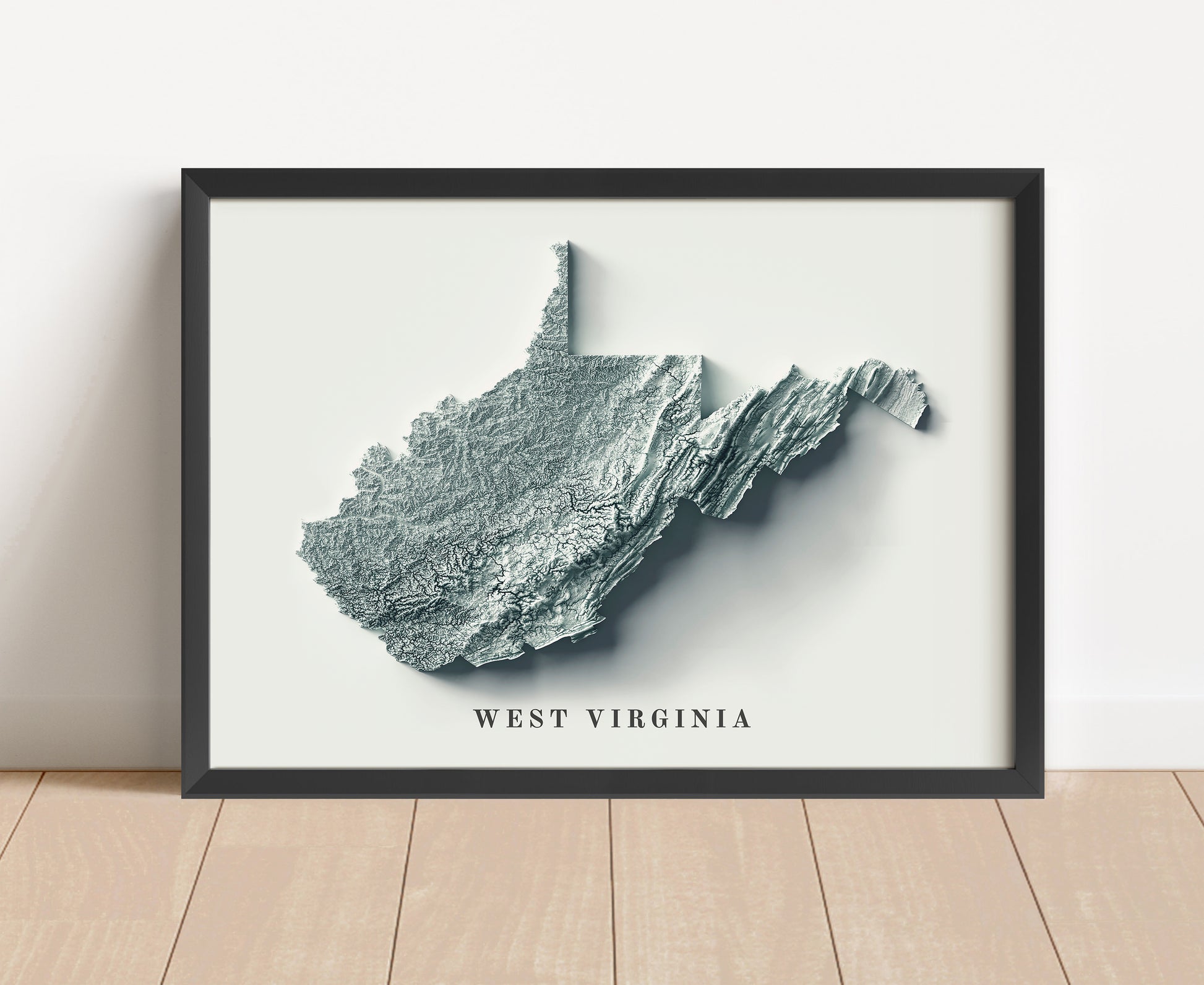 West Virginia shaded relief map in black frame. Artistic print with realistic terrain effect for wall decor