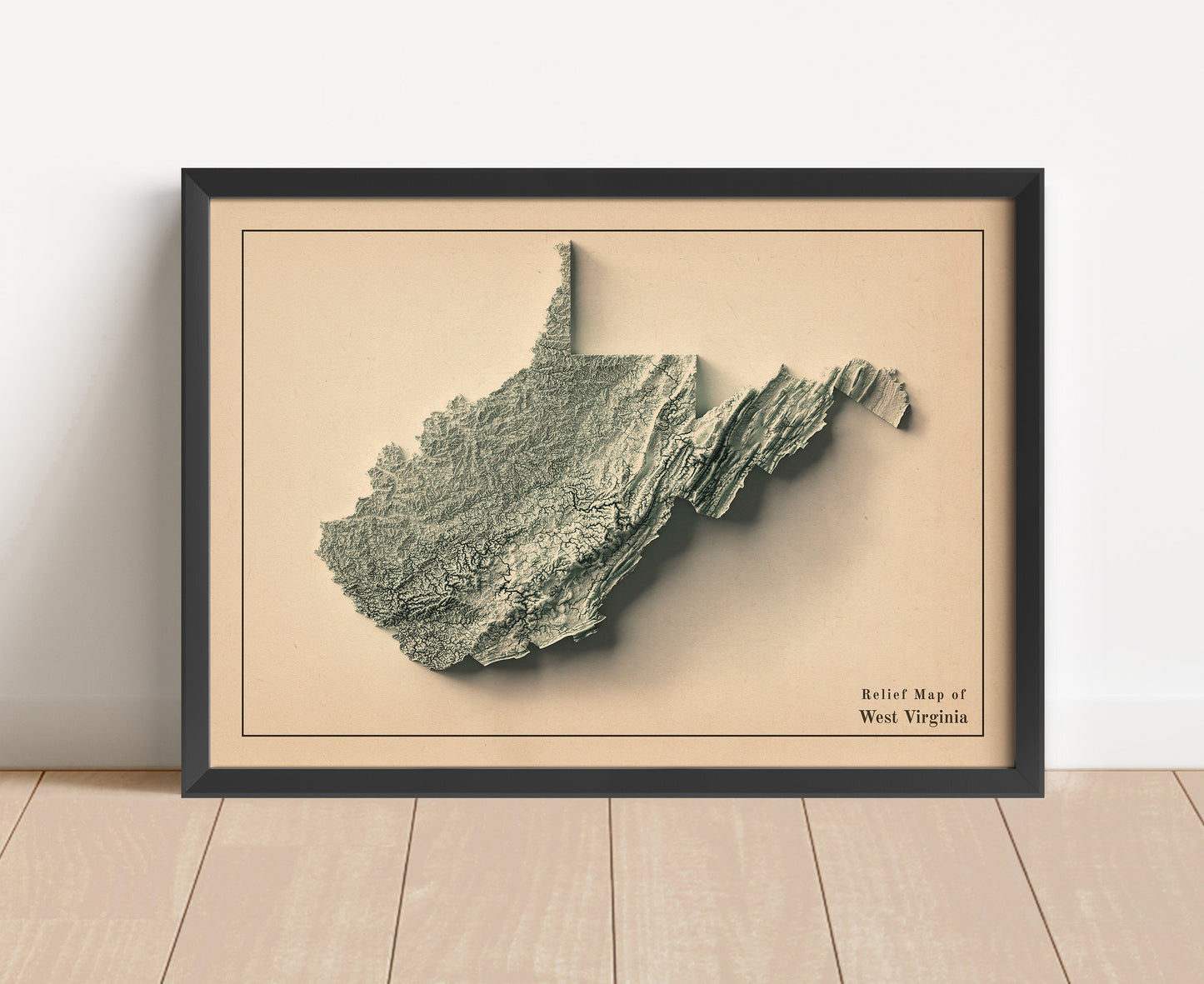 Vintage West Virginia shaded relief map in black frame. Artistic print with realistic terrain effect for wall decor