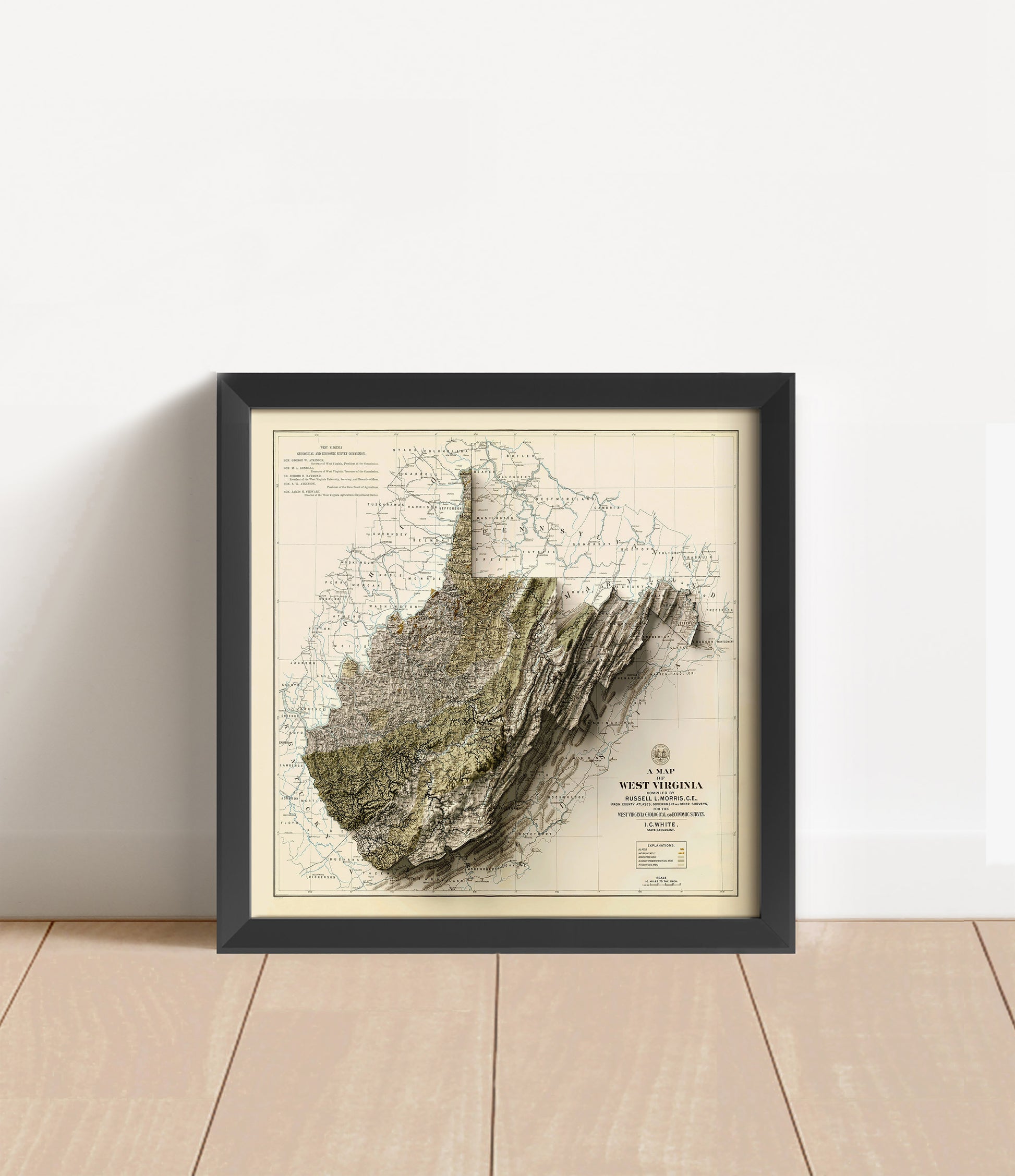 Vintage West Virginia shaded relief map in black frame. Artistic print with realistic terrain effect for wall decor