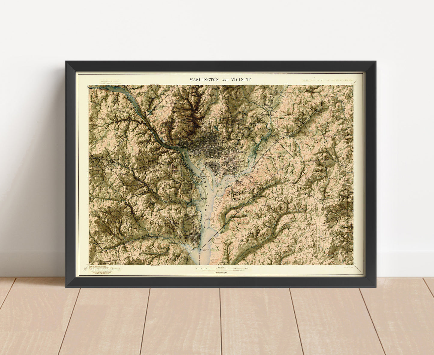 Vintage Washington DC shaded relief map in black frame. Artistic print with realistic terrain effect for wall decor