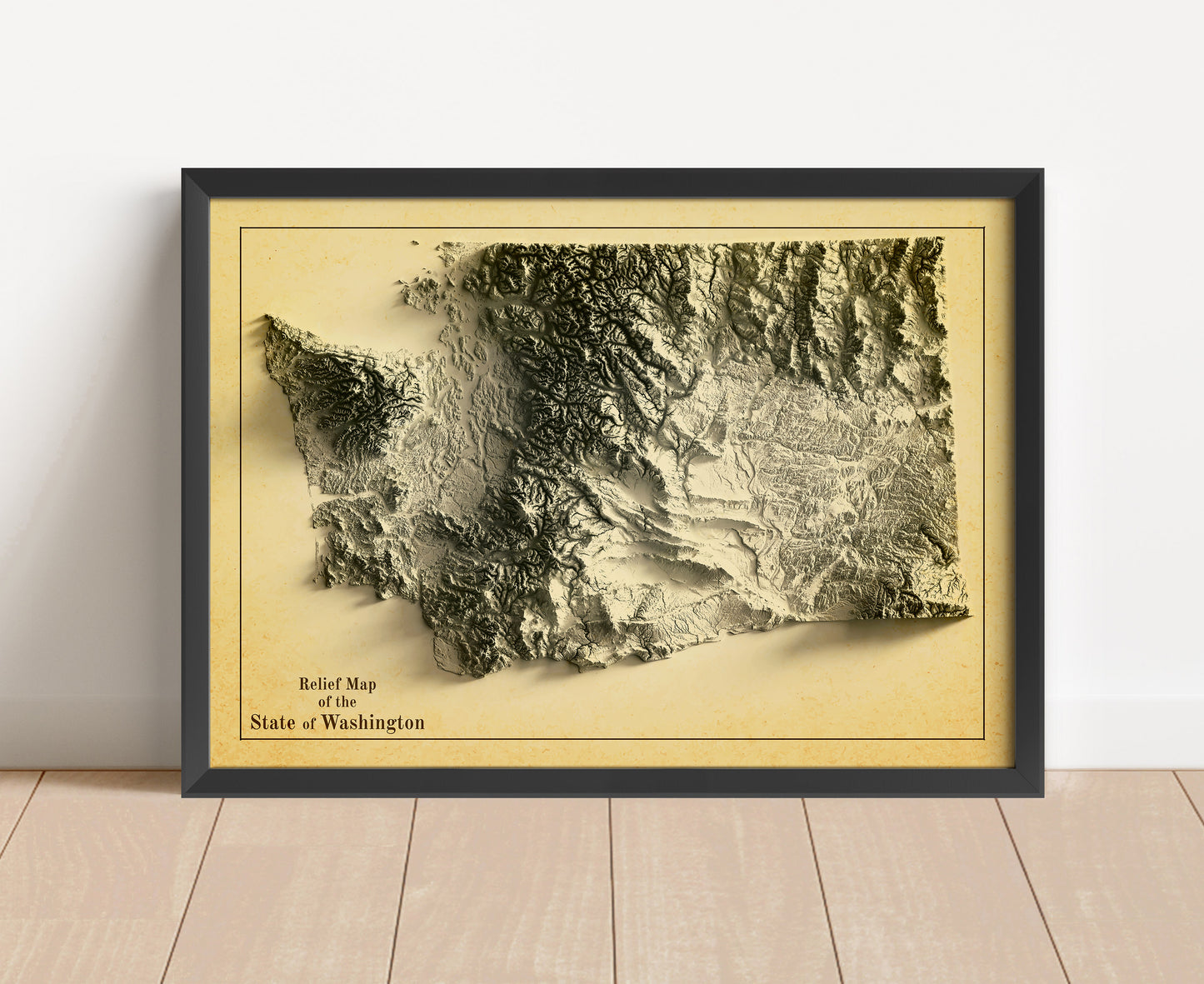 Vintage Washington shaded relief map in black frame. Artistic print with realistic terrain effect for wall decor