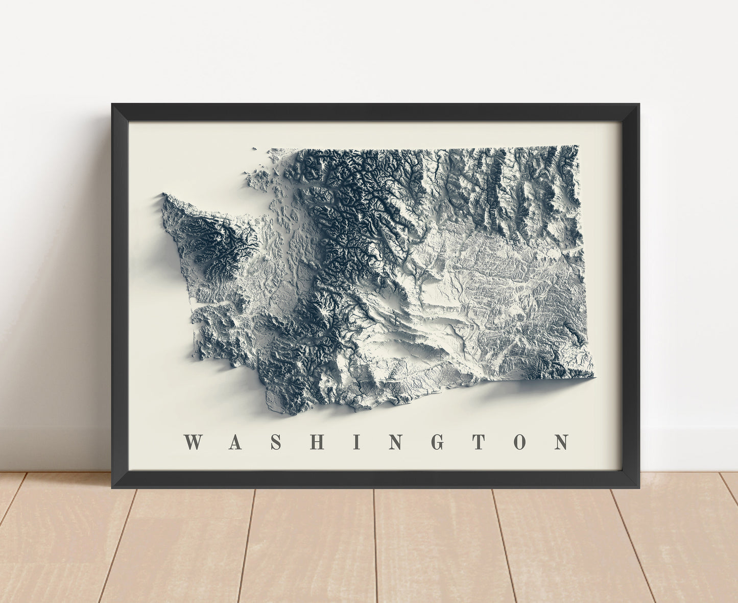 Washington shaded relief map in black frame. Artistic print with realistic terrain effect for wall decor