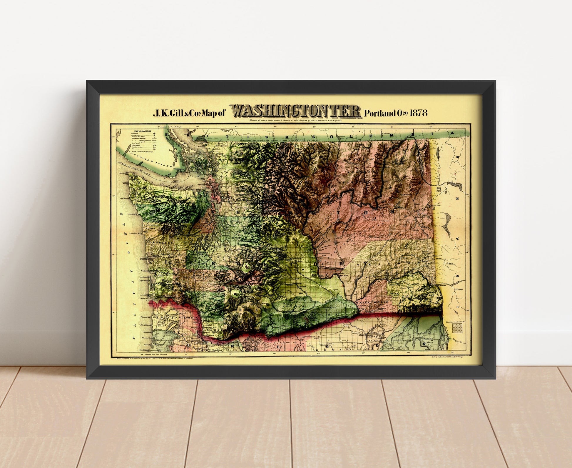 Vintage Washington shaded relief map in black frame. Artistic print with realistic terrain effect for wall decor