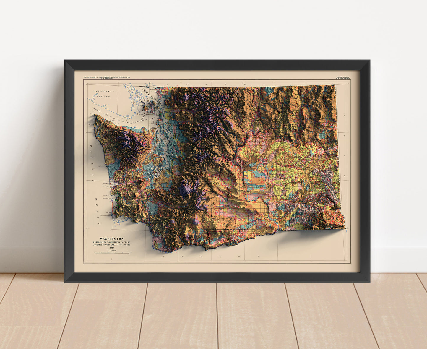 Vintage Washington shaded relief map in black frame. Artistic print with realistic terrain effect for wall decor