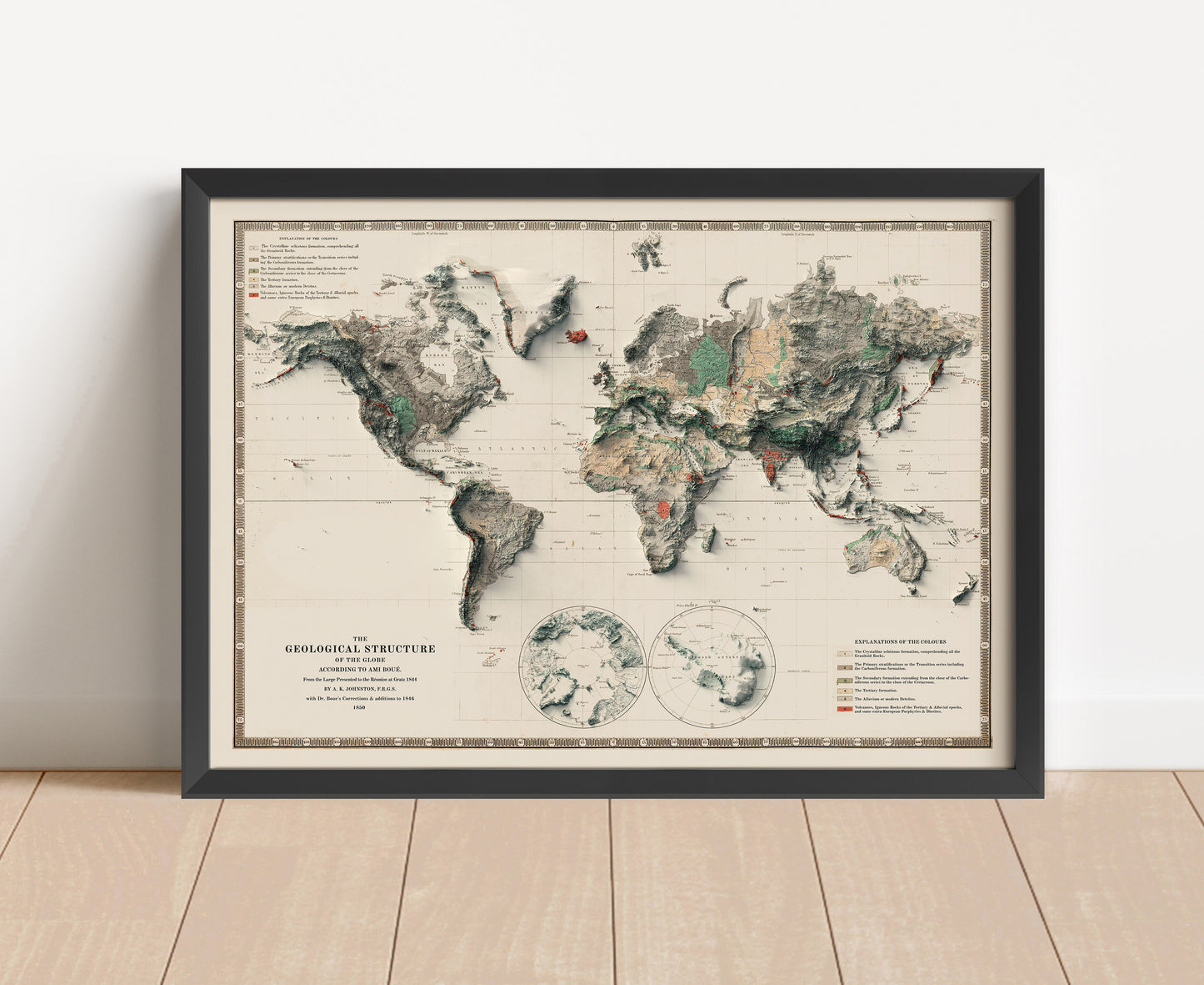 Vintage World shaded relief map in black frame. Artistic print with realistic terrain effect for wall decor