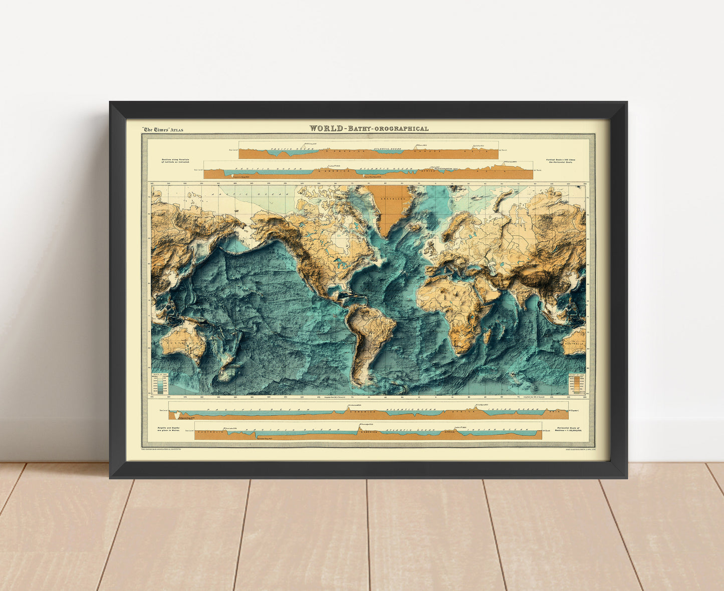 Vintage World Bathymetric shaded relief map in black frame. Artistic print with realistic terrain effect for wall decor