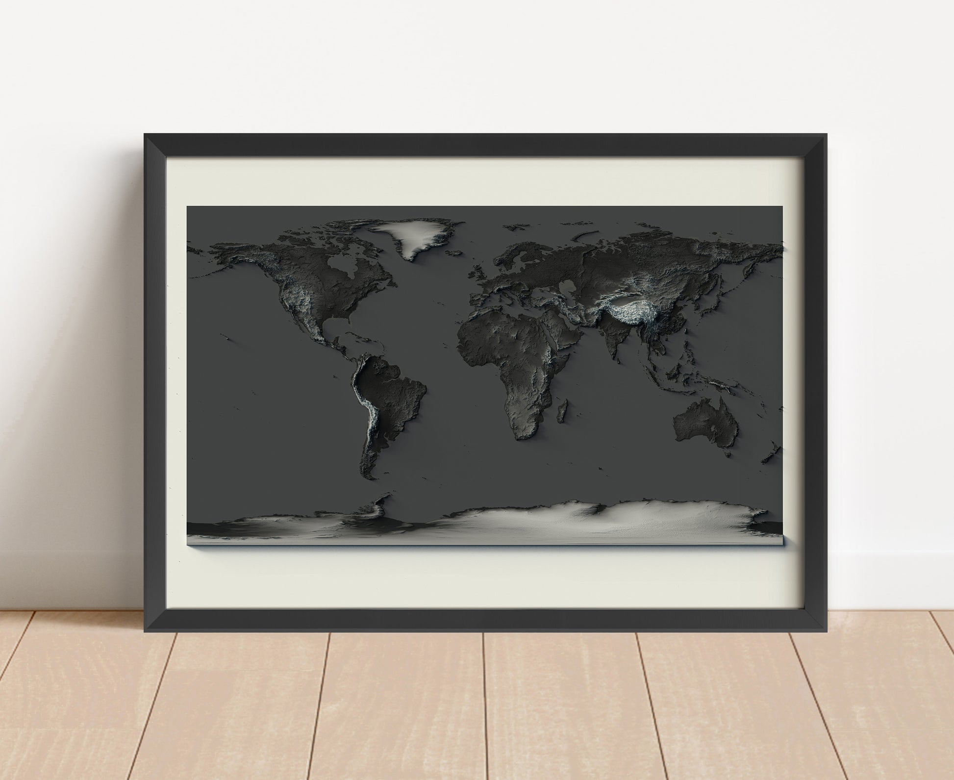 World shaded relief map in black frame and black tones. Artistic print with realistic terrain effect for wall decor