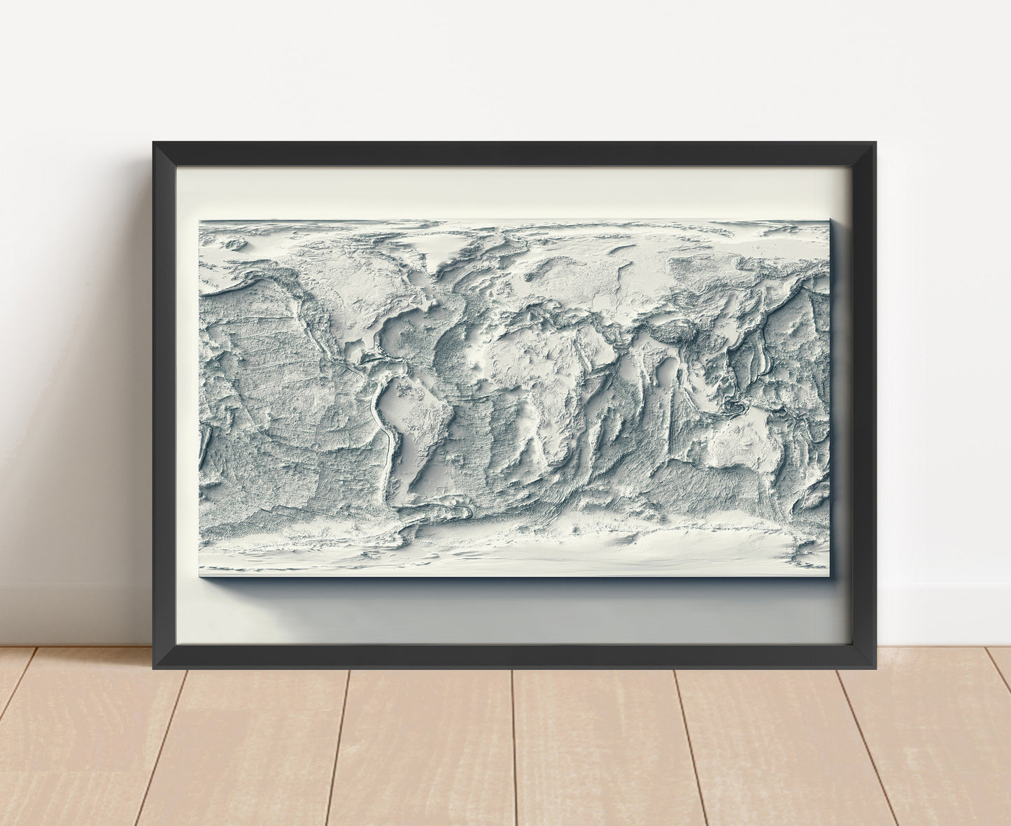 Bathymetric shaded relief world map in black frame. Artistic print with realistic terrain effect for wall decor
