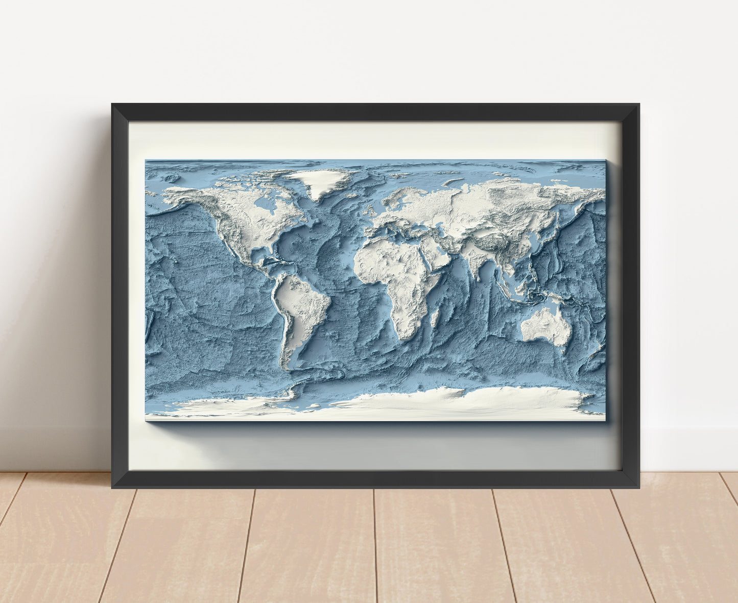 Vintage World Bathymetric shaded relief map in black frame. Artistic print with realistic terrain effect for wall decor