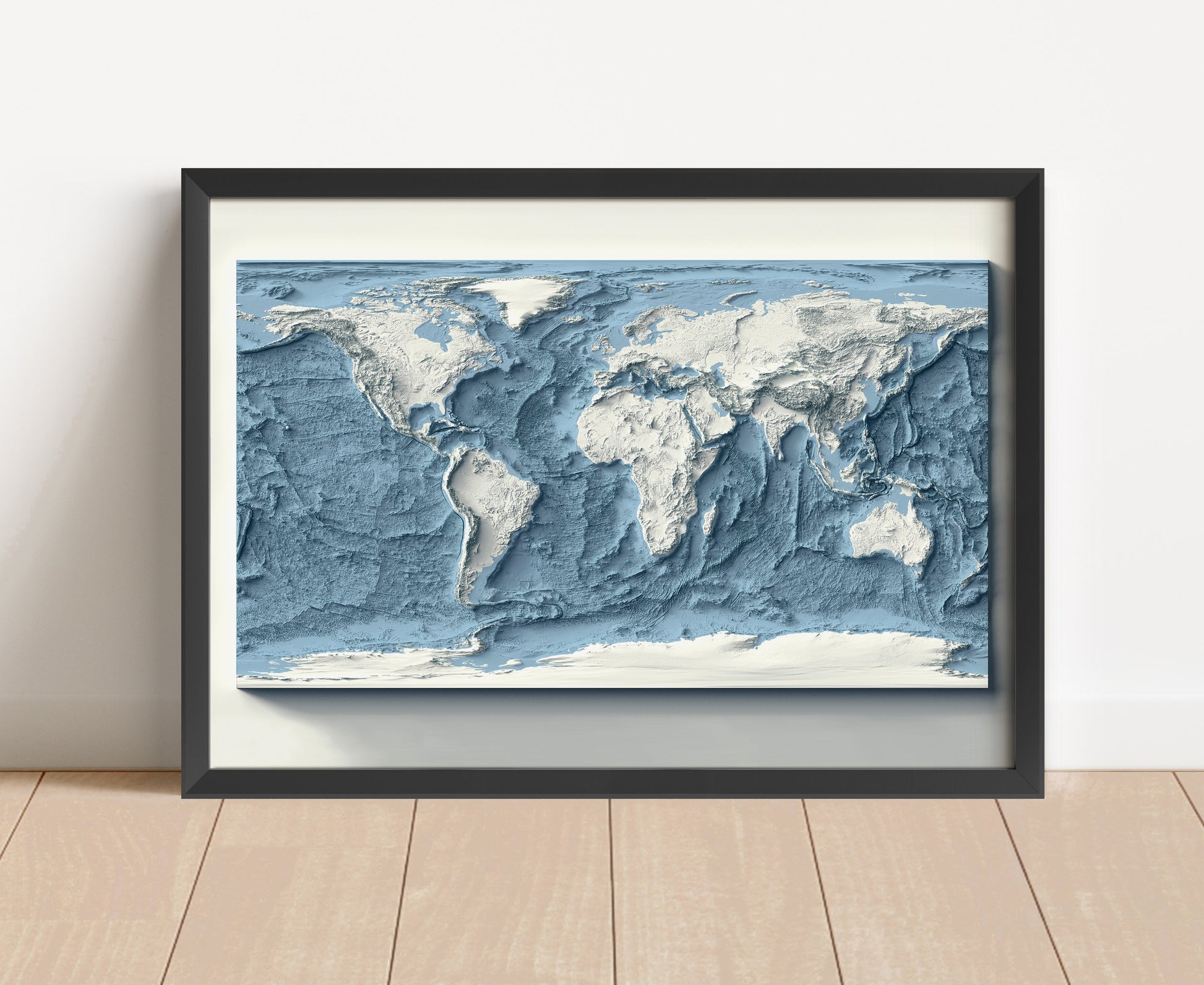 Vintage World Bathymetric shaded relief map in black frame. Artistic print with realistic terrain effect for wall decor