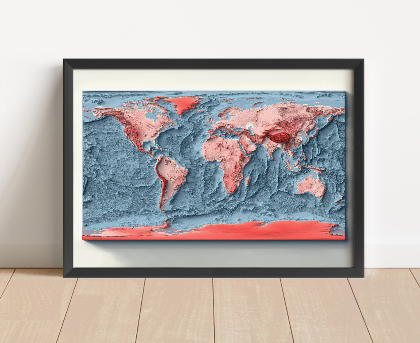 World Bathymetric shaded relief map in black frame. Artistic print with realistic terrain effect for wall decor