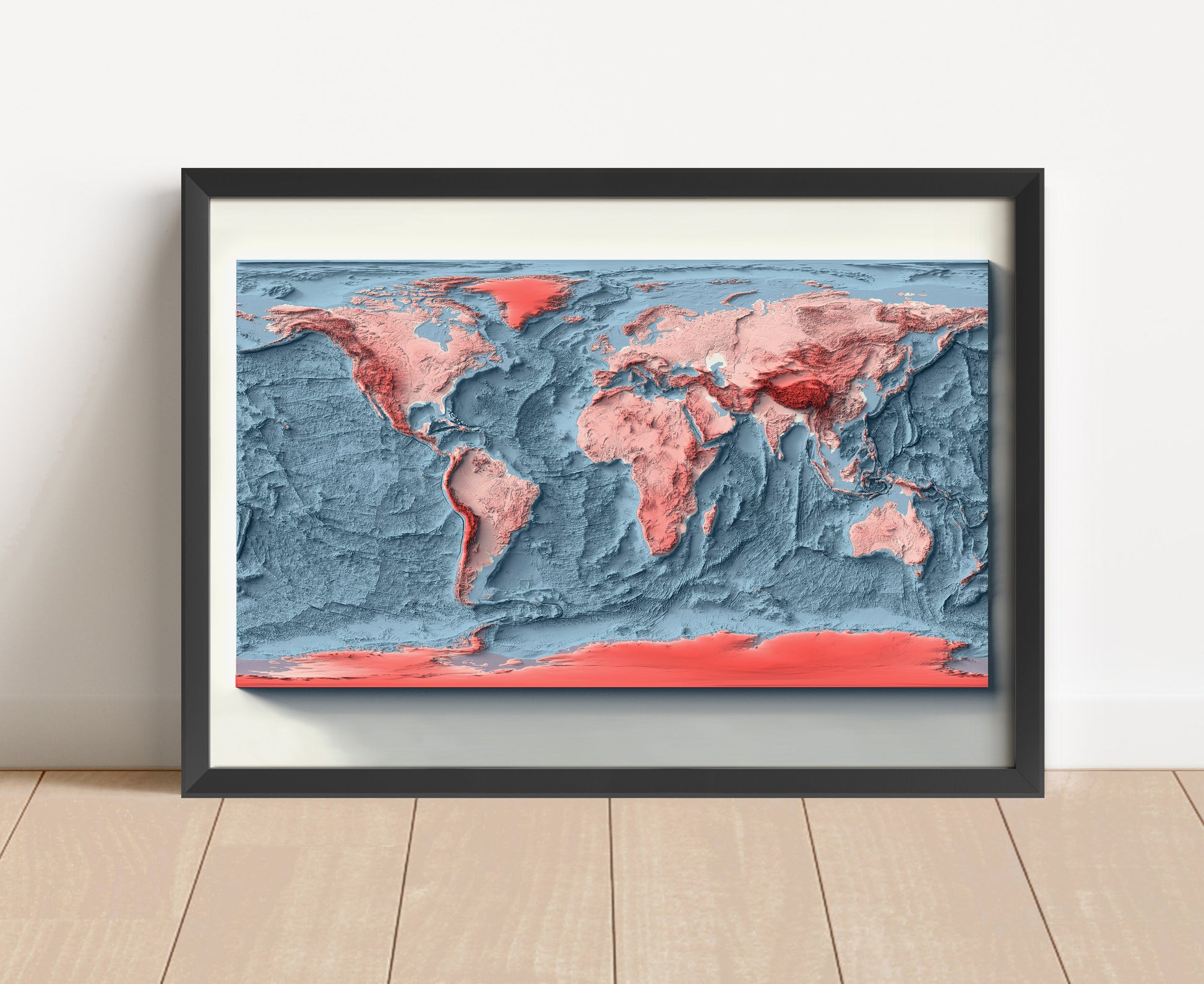 World Bathymetric shaded relief map in black frame. Artistic print with realistic terrain effect for wall decor