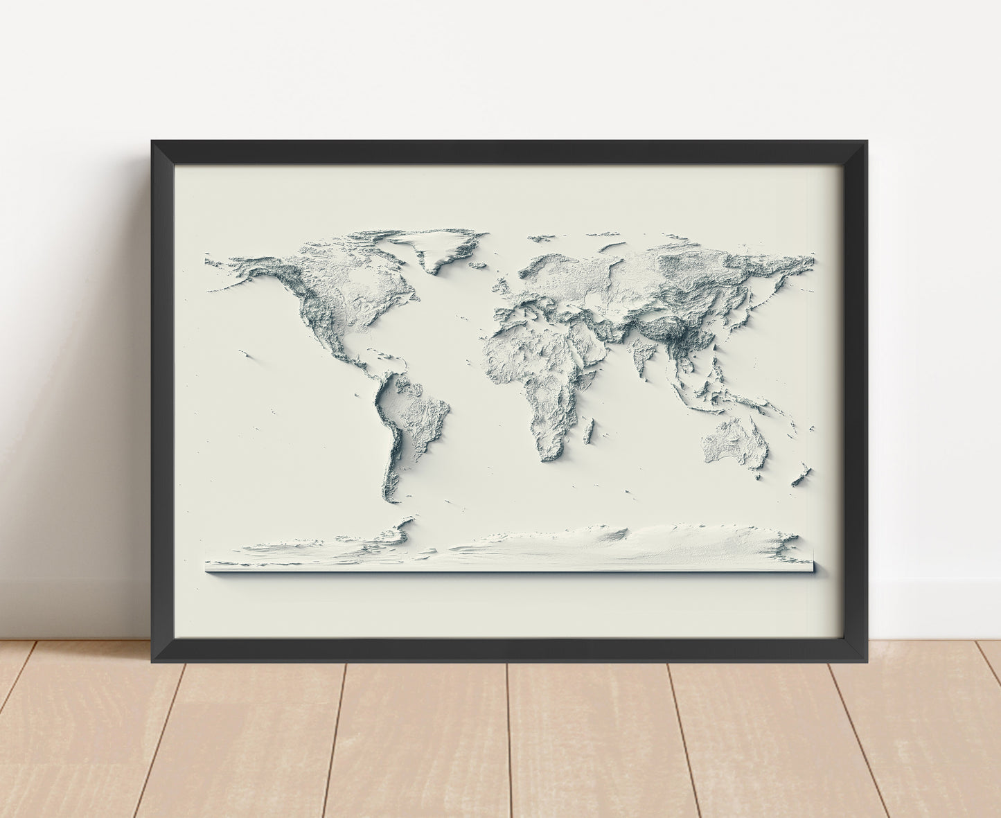 World shaded relief map in black frame. Artistic print with realistic terrain effect for wall decor