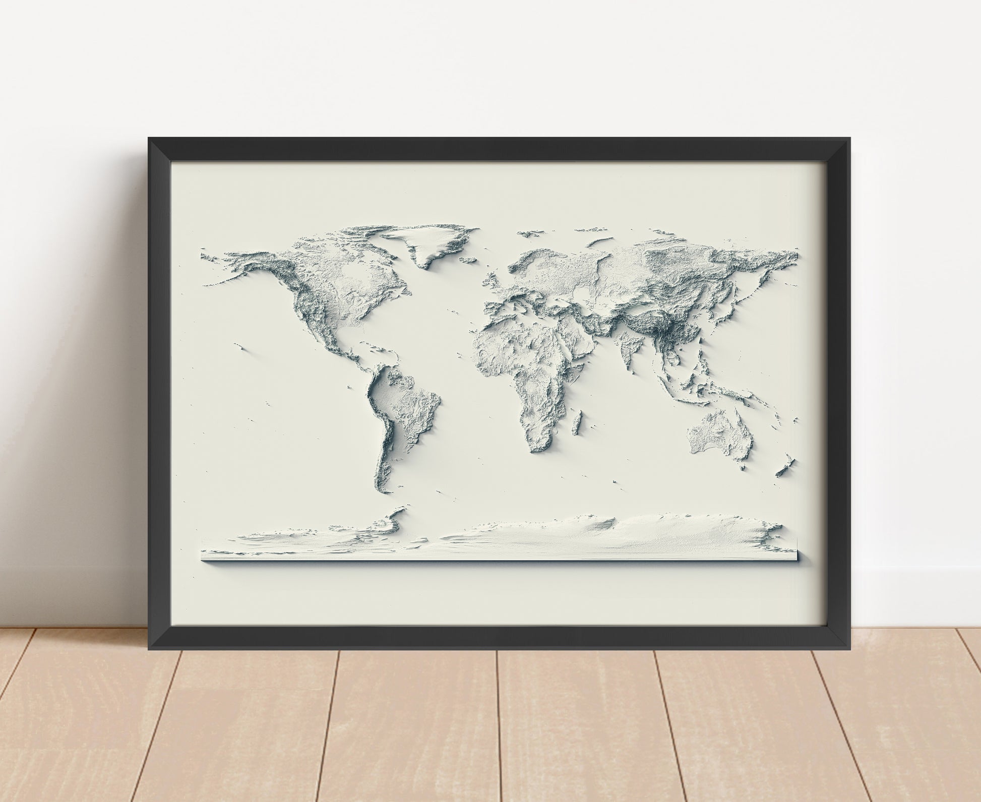 World shaded relief map in black frame. Artistic print with realistic terrain effect for wall decor