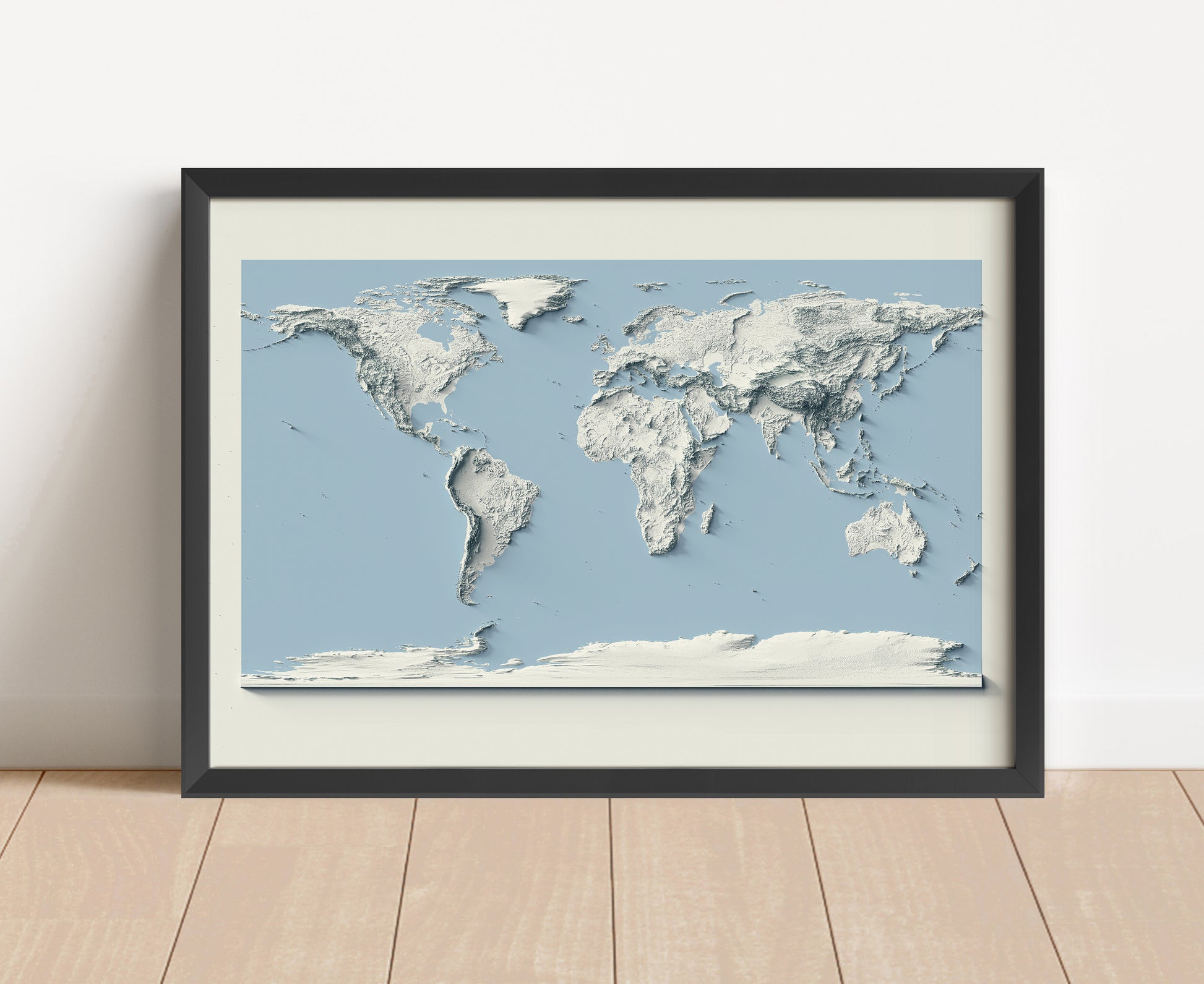 Vintage World shaded relief map in black frame. Artistic print with realistic terrain effect for wall decor