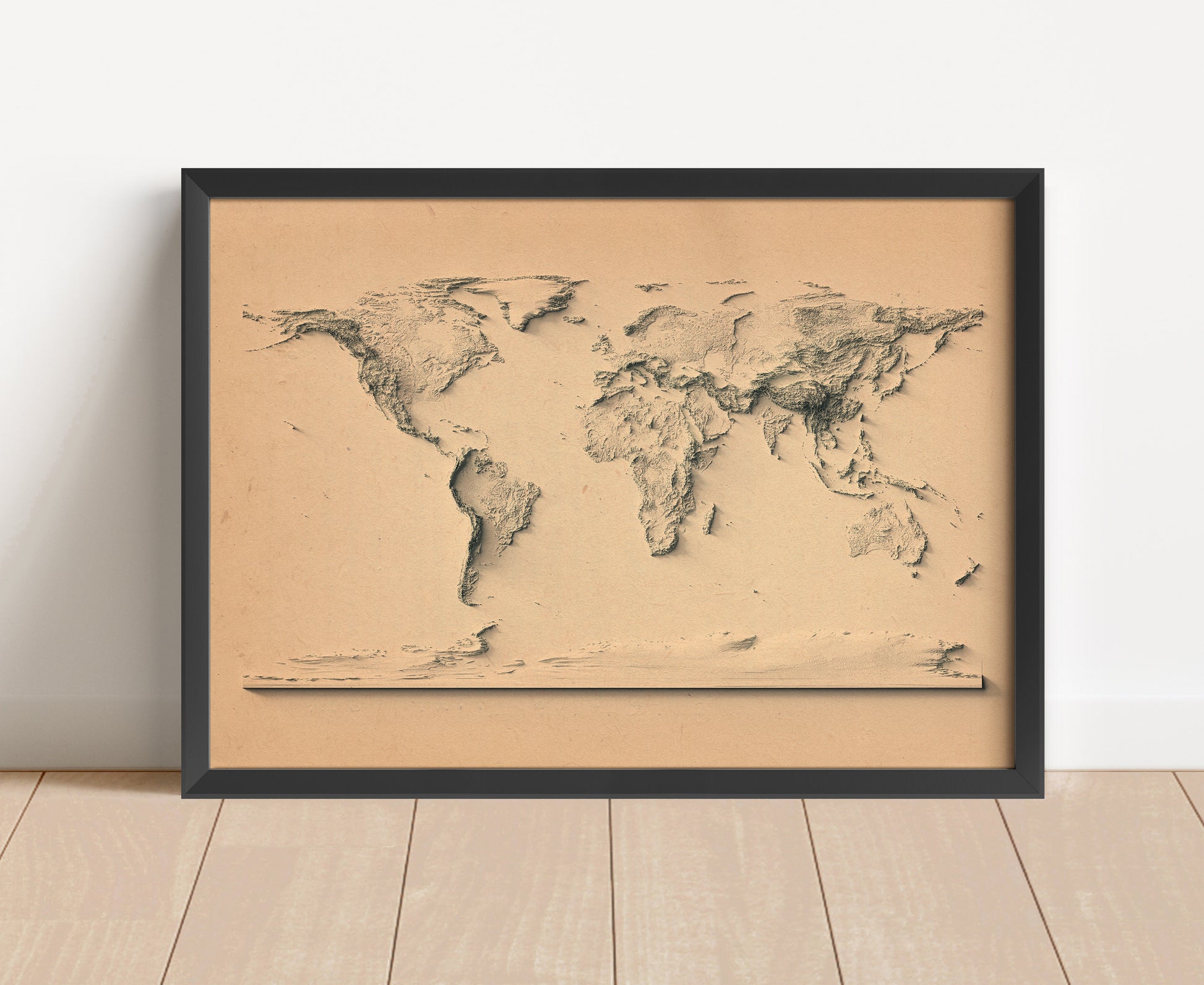 Vintage World shaded relief map in black frame. Artistic print with realistic terrain effect for wall decor