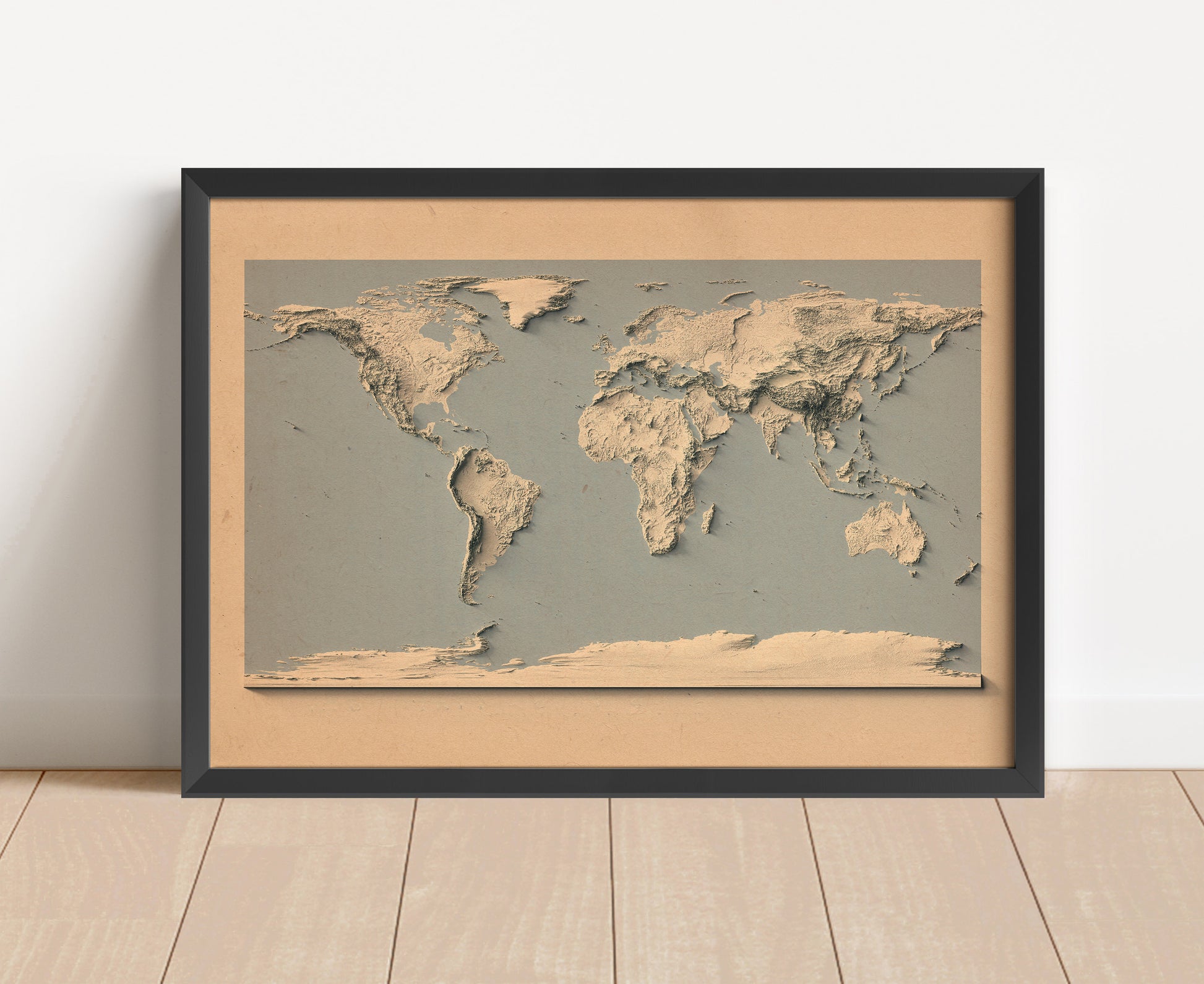 Vintage World shaded relief map in black frame. Artistic print with realistic terrain effect for wall decor