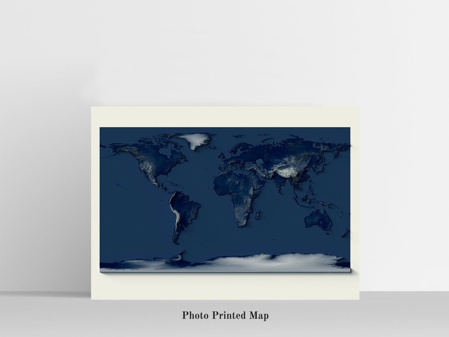 World Map with dark tones. Shaded relief print, highlighting topography. Ideal for home decor and geography lovers