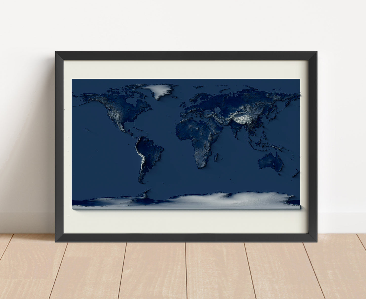 World shaded relief map in black frame and blue tones. Artistic print with realistic terrain effect for wall decor