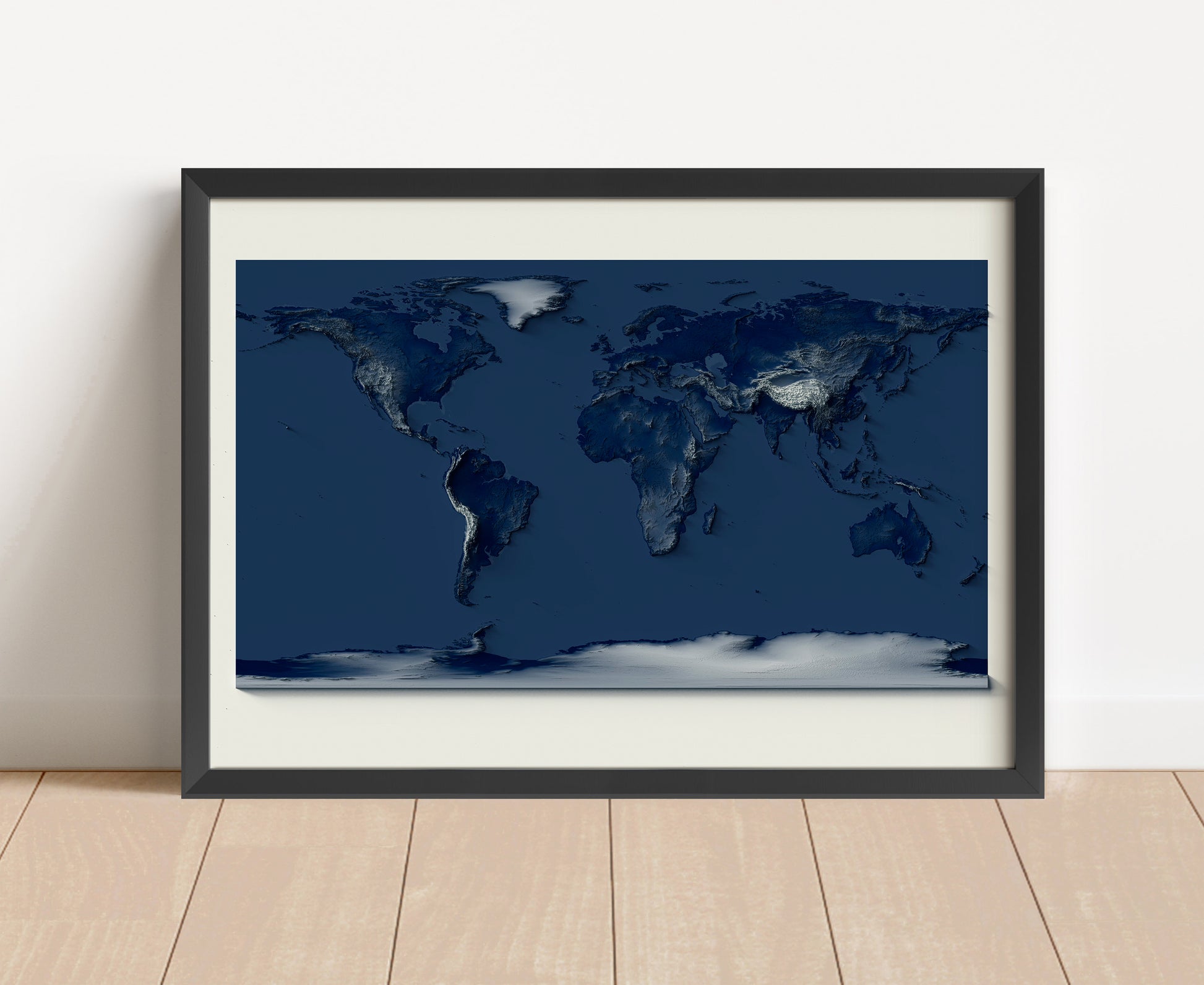 World shaded relief map in black frame and blue tones. Artistic print with realistic terrain effect for wall decor