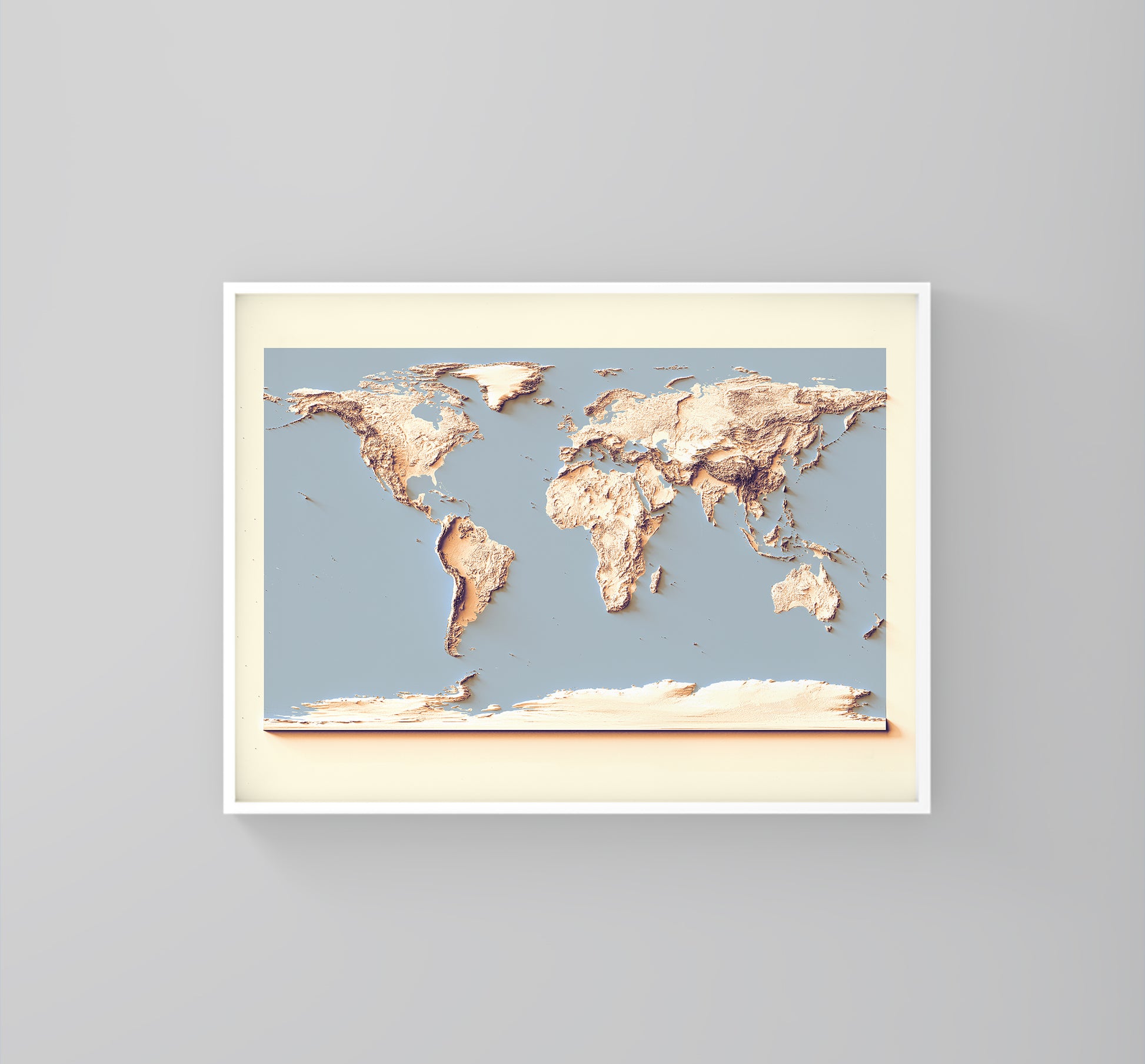 World framed shaded relief map with sunset tones in white frame. Artistic print highlighting mountains with a realistic 3d effect
