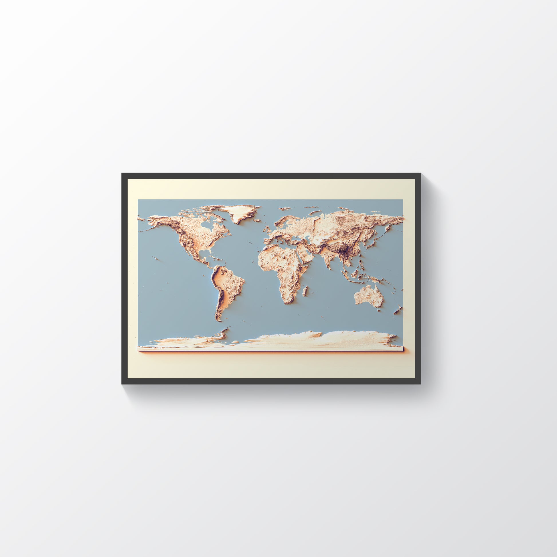 World framed shaded relief map with sunset tones in black frame. Artistic print highlighting mountains with a realistic terrain effect