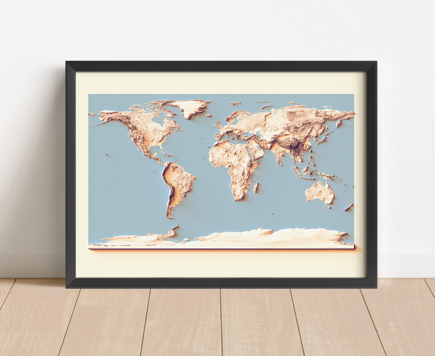 World shaded relief map in black frame. Artistic print with realistic terrain effect for wall decor