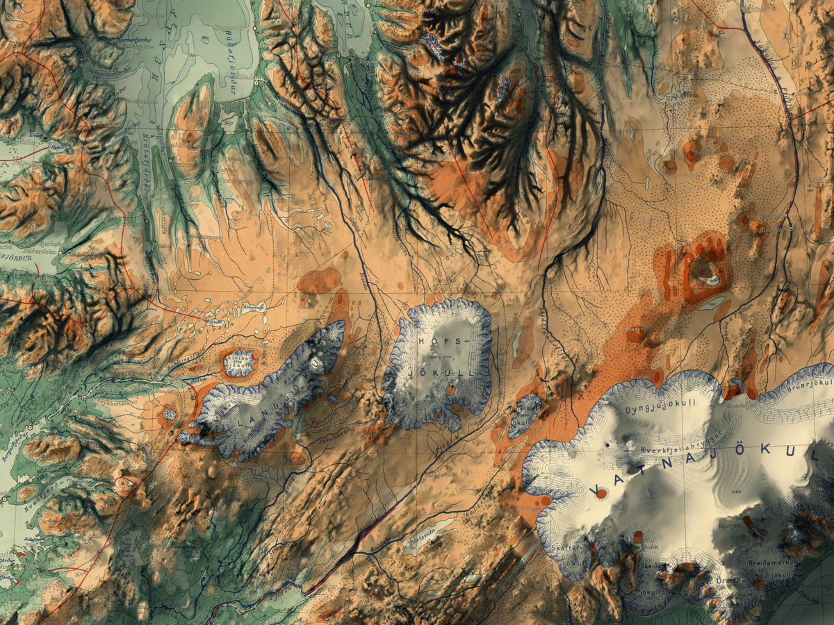 Detailed close-up of a vintage Iceland relief map, showcasing textured topography and geographic contours