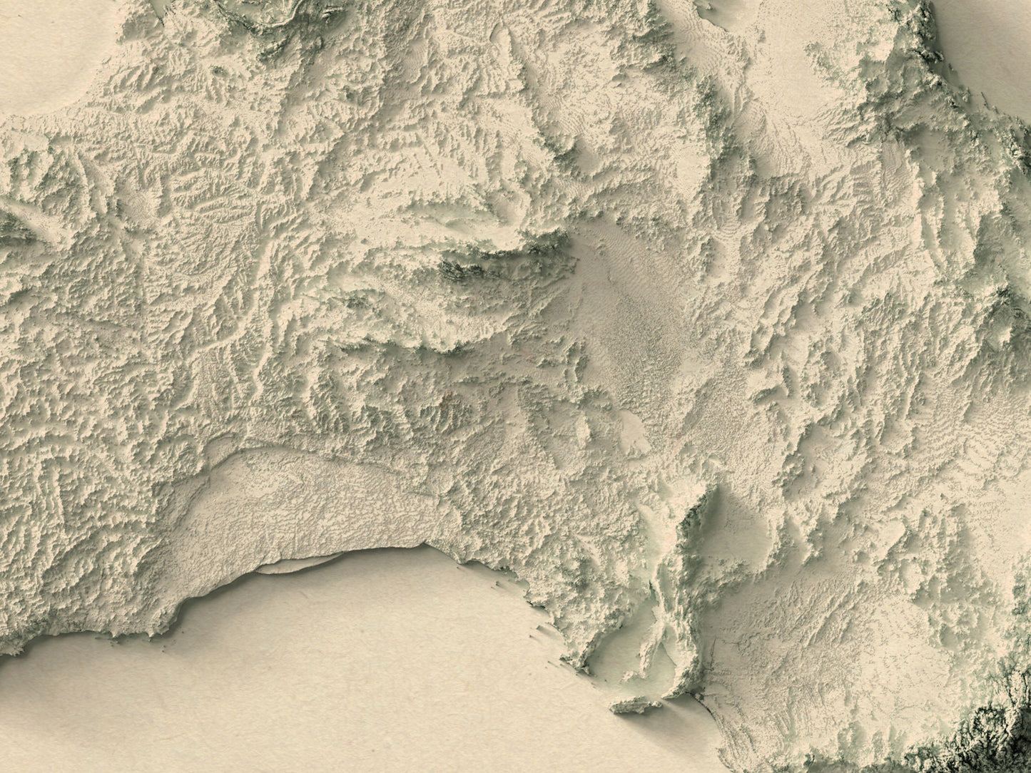 Detailed close-up of a Australia relief map, showcasing textured topography and geographic contours