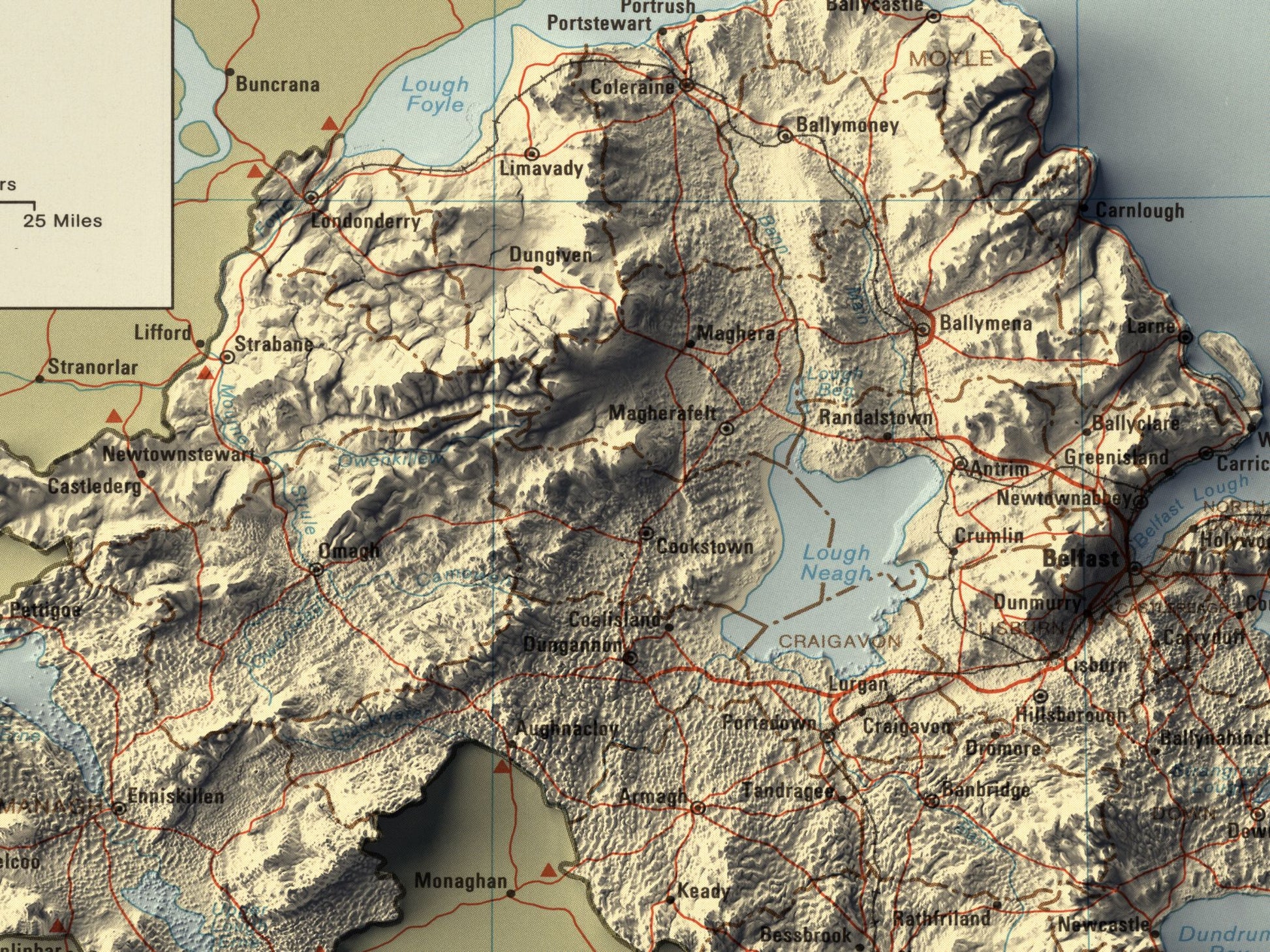 Detailed close-up of a vintage northern ireland relief map, showcasing textured topography and geographic contours
