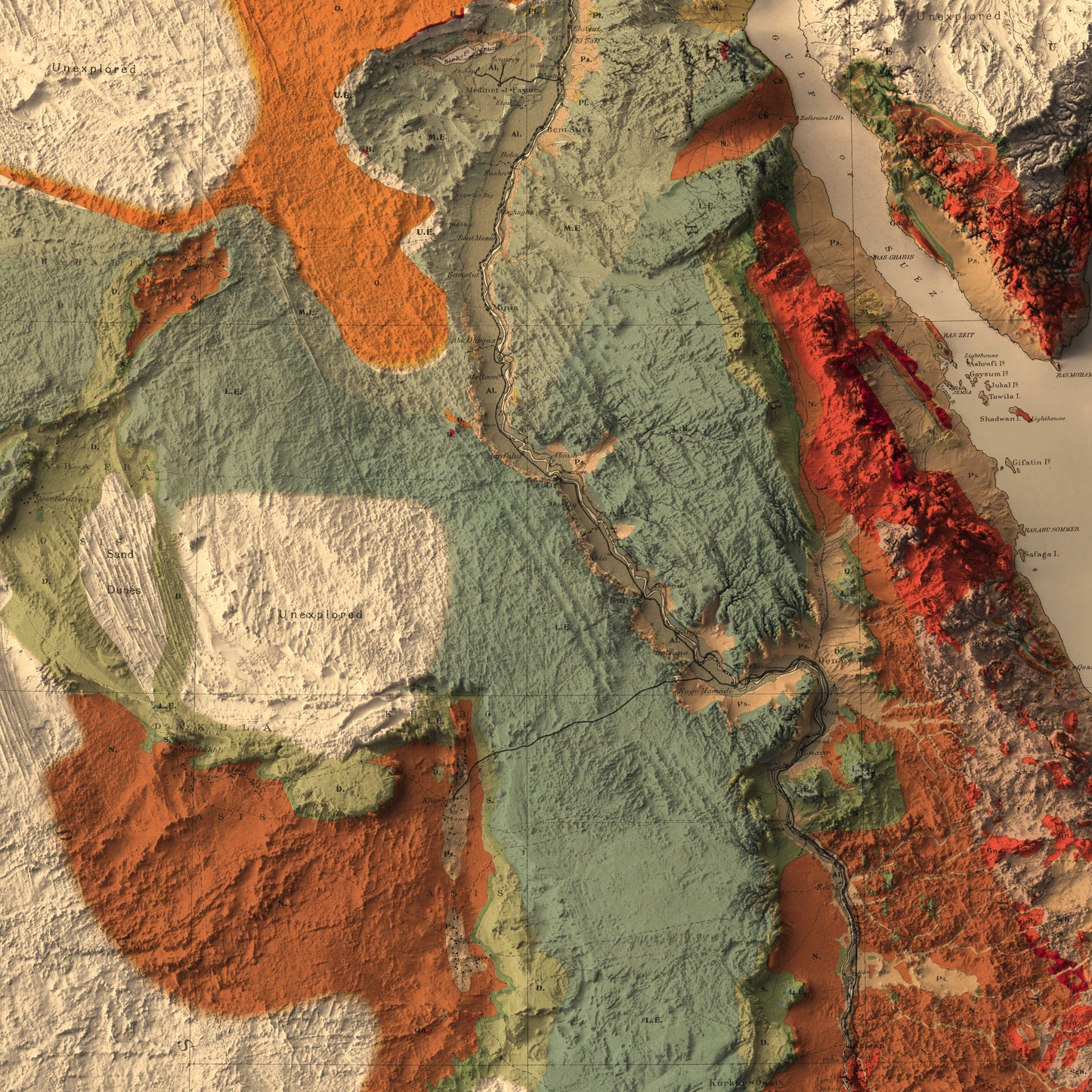 Detailed close-up of a vintage Egypt relief map, showcasing textured topography and geographic contours