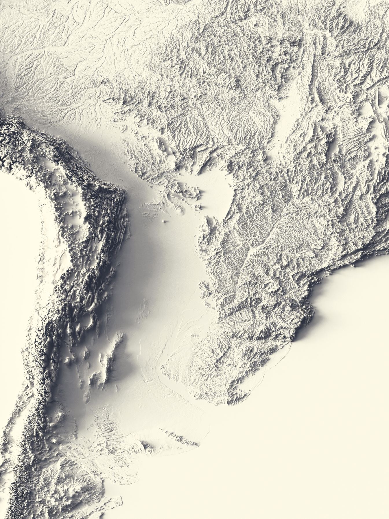 Detailed close-up of a South America relief map, showcasing textured topography and geographic contours