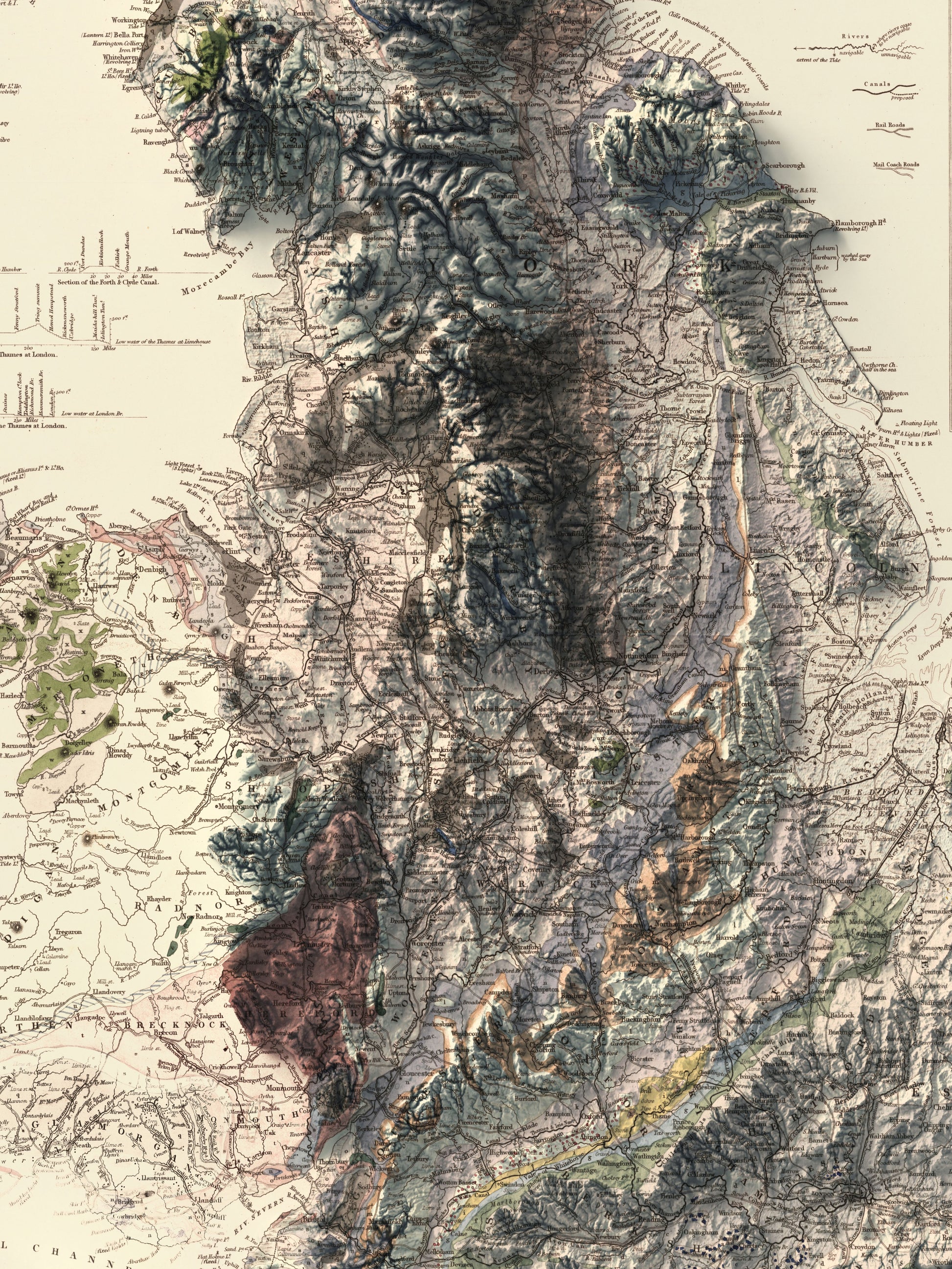 Detailed close-up of a vintage England relief map, showcasing textured topography and geographic contours