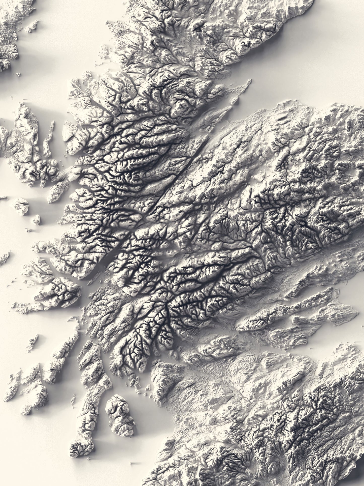 Detailed close-up of a Scotland relief map, showcasing textured topography and geographic contours