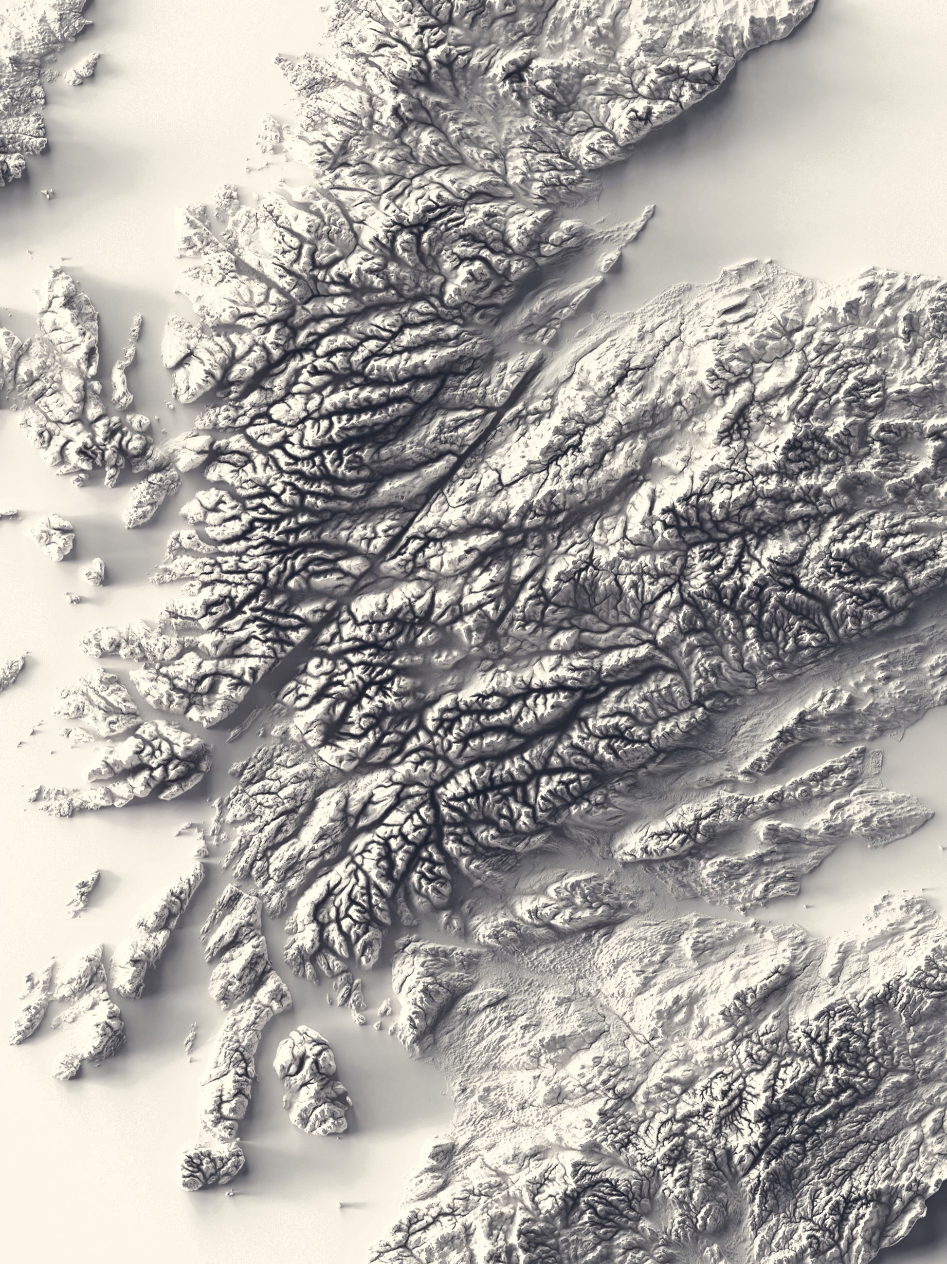 Detailed close-up of a Scotland relief map, showcasing textured topography and geographic contours