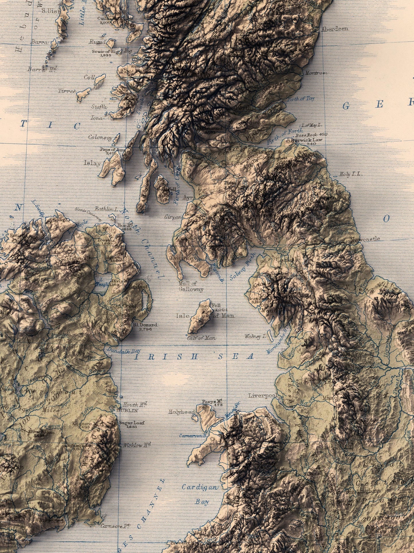 Detailed close-up of a vintage united kingdom and ireland relief map, showcasing textured topography and geographic contours