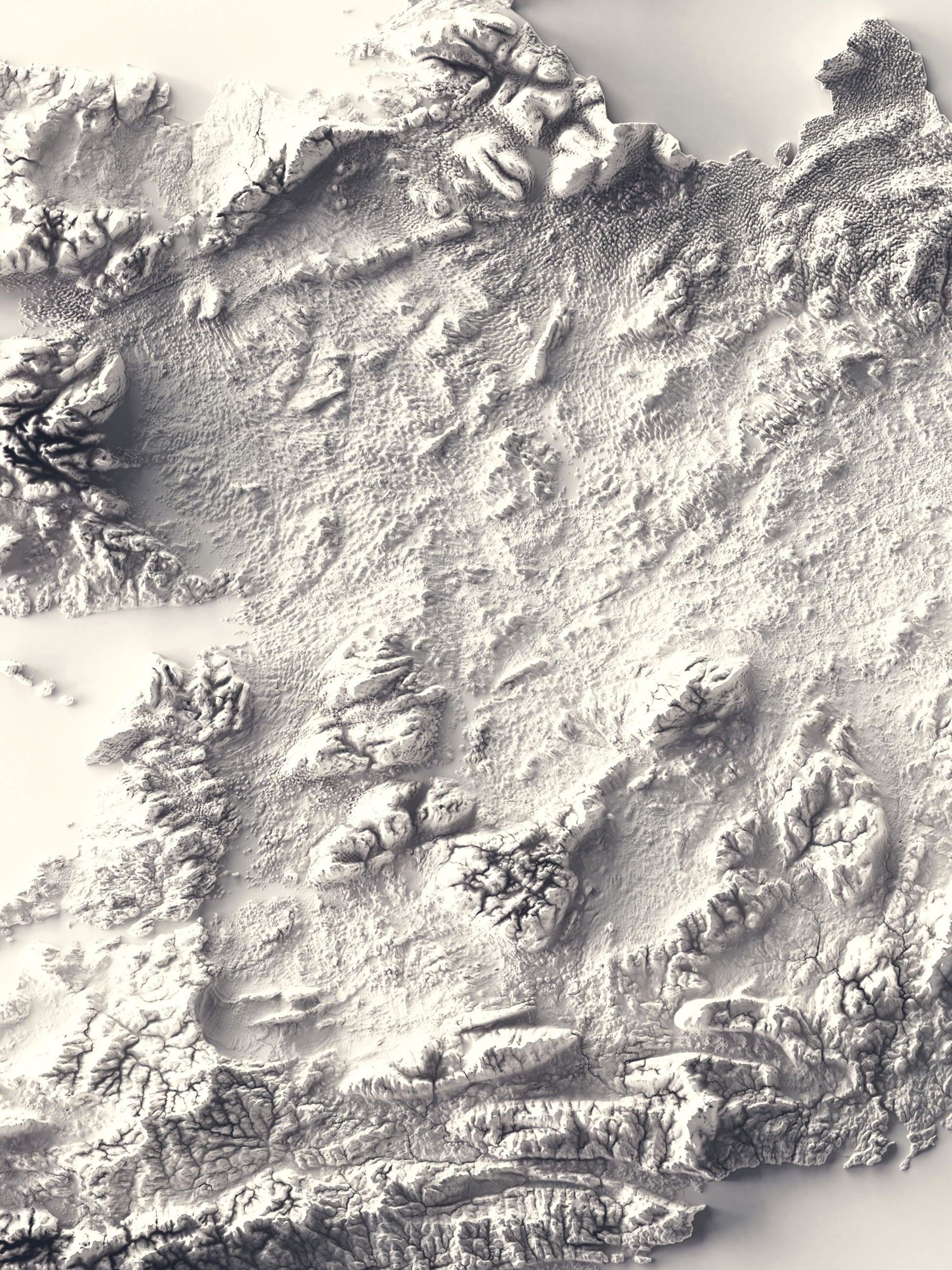 Detailed close-up of a Ireland relief map, showcasing textured topography and geographic contours