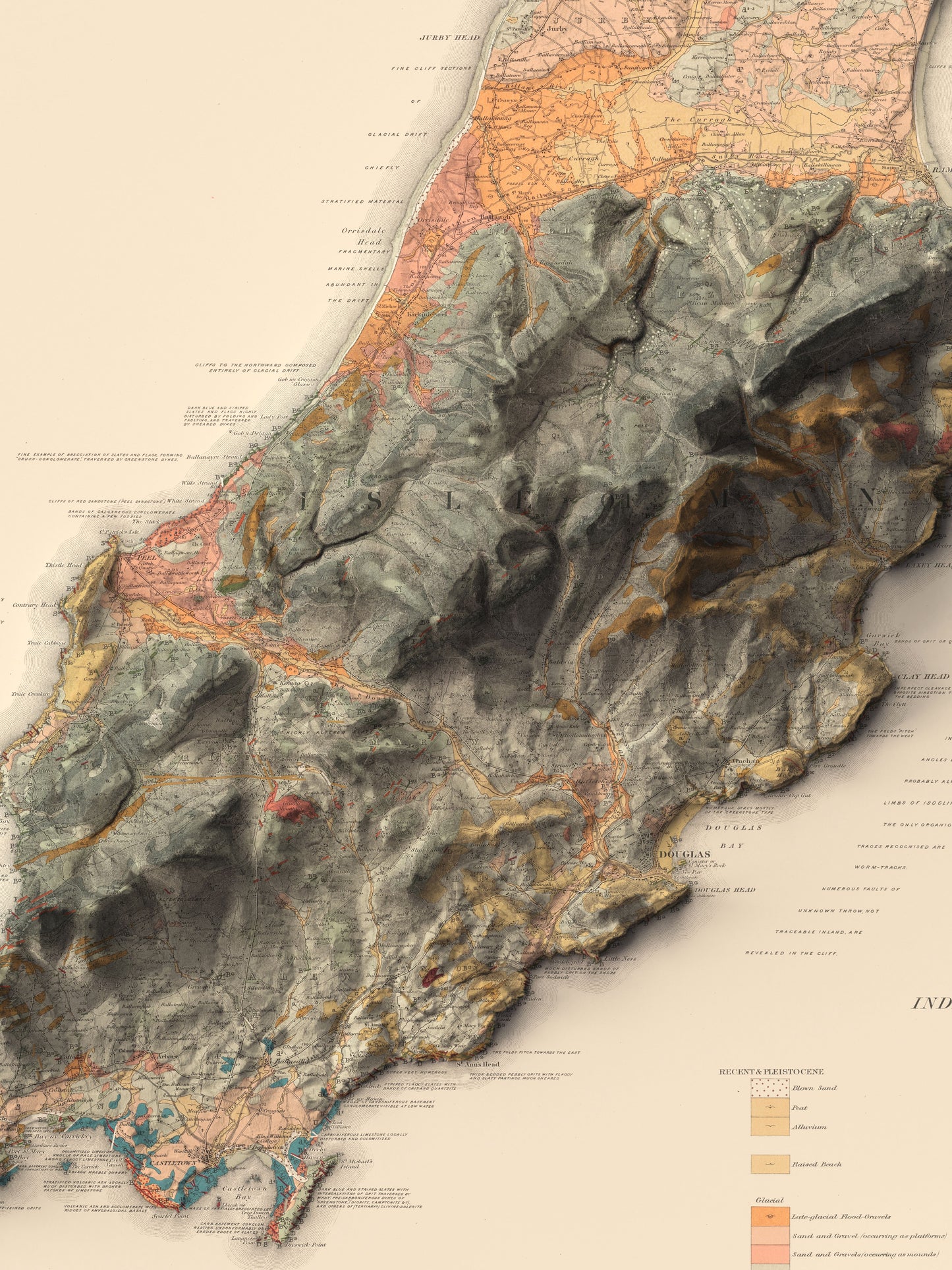 Detailed close-up of a vintage Isle of Man relief map, showcasing textured topography and geographic contours