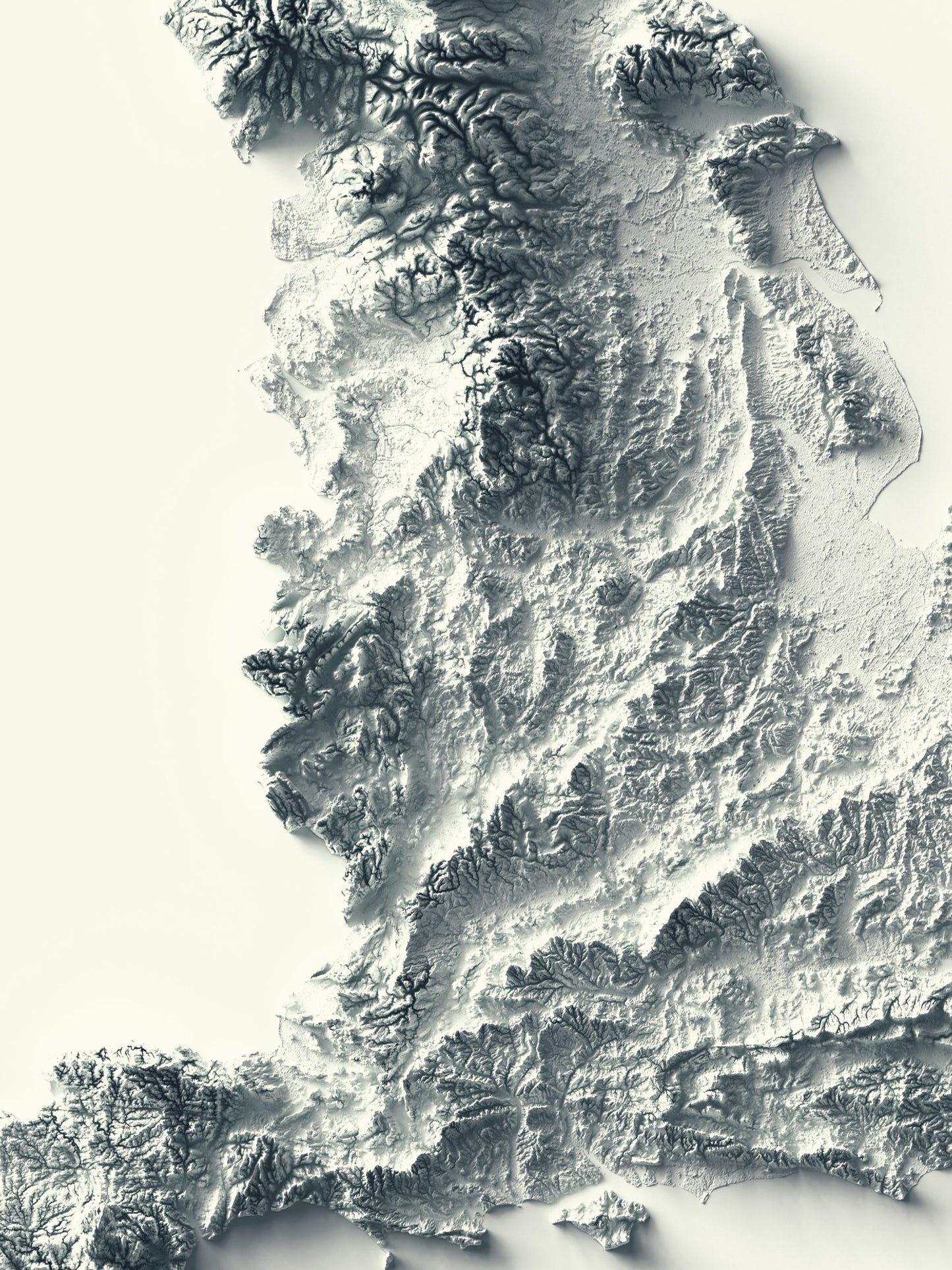 Detailed close-up of a England relief map, showcasing textured topography and geographic contours