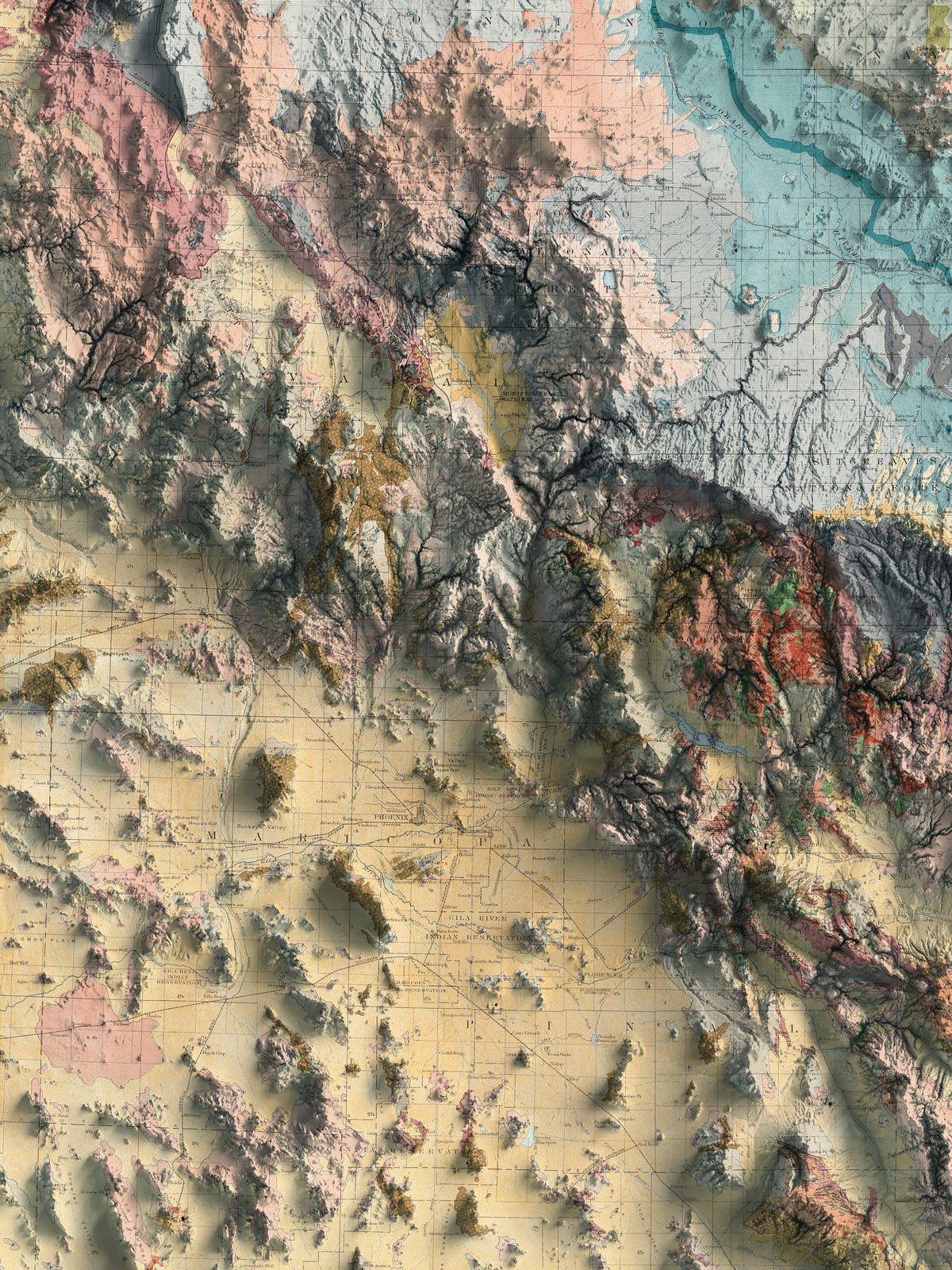 Detailed close-up of a vintage Arizona geological relief map, showcasing textured topography and geographic contours